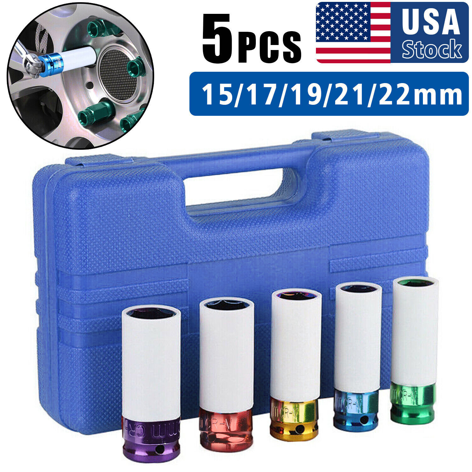 5PC Impact Drive Lug Nut Socket 1/2» Thin Wall Wheel Rim Protector Set 15-22mm