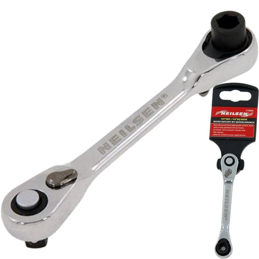 Neilsen Stubby Square Drive Micro Ratchet Bit Driver Wrench 1/4″ Hex To 1/4″