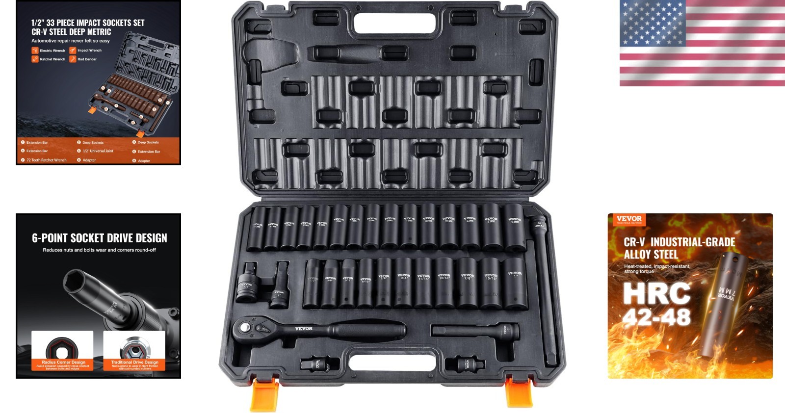 Durable 1/2″ Drive Impact Socket Set 33pcs with Storage Case