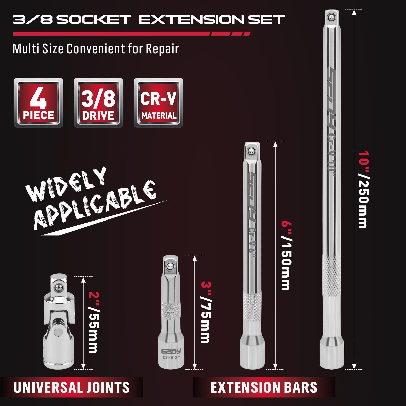 4-Piece 3/8″ Drive Socket Extension Bar Set, Professional Socket Extension Set I