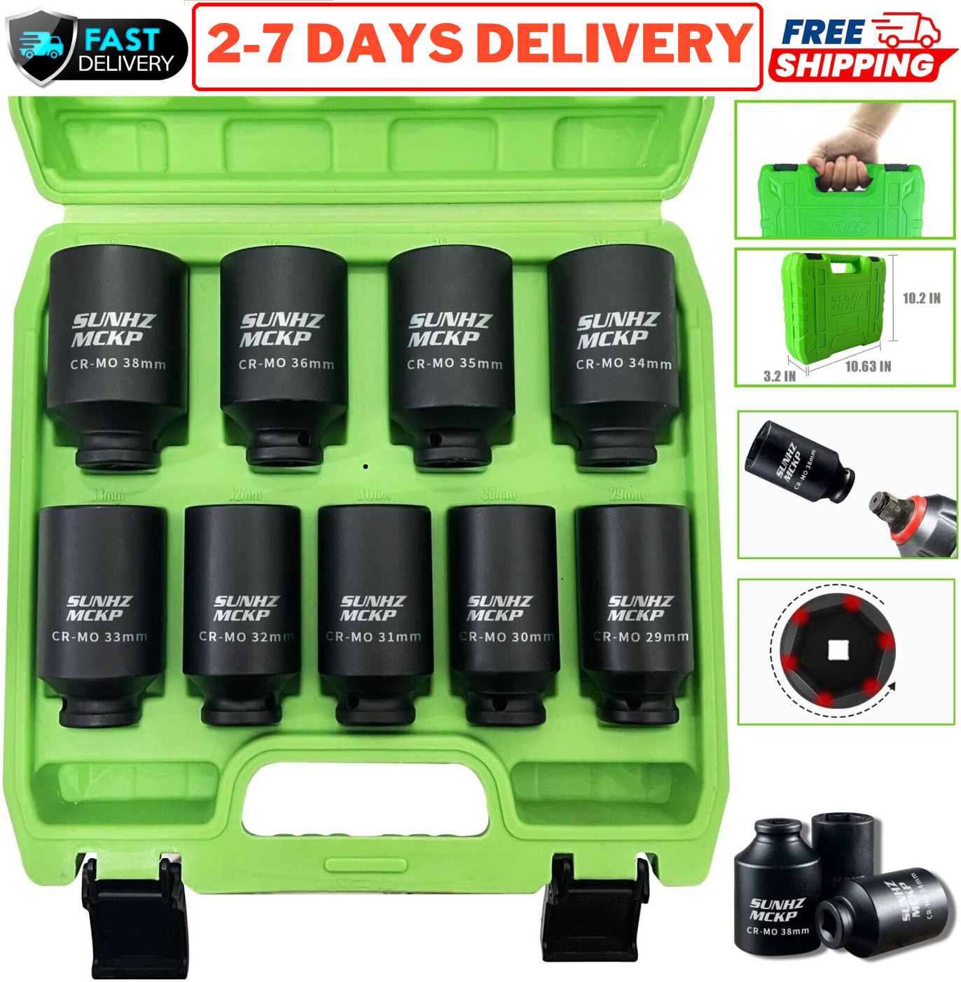 Impact Socket Set 1/2″ Inch Drive Metric 29mm-38mm Deep 6-Point Spindle Axle Nut