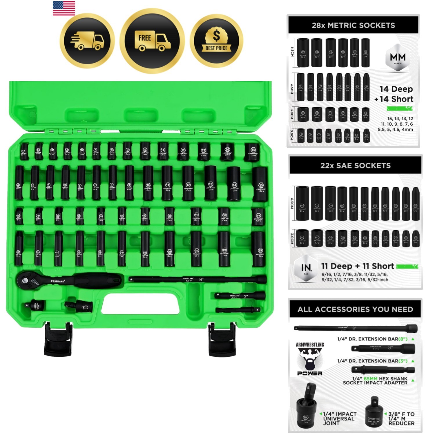 Impact Socket Set 56-Piece SAE Metric 1/4 Inch Drive Copper Vanadium Tool