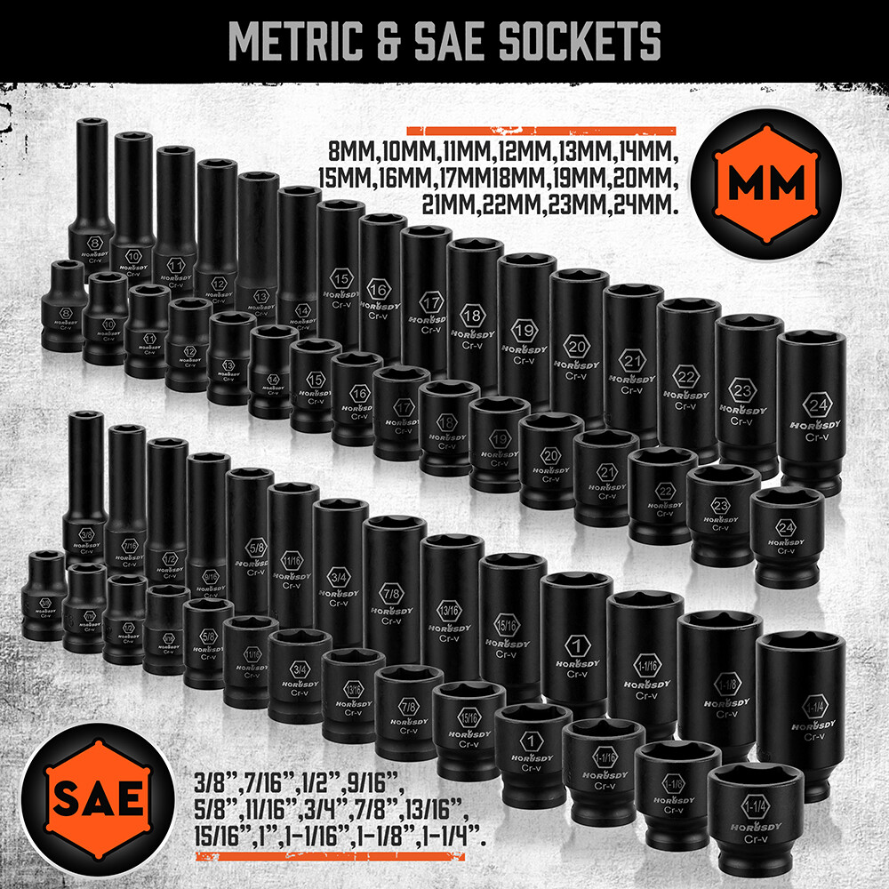 66PC 1/2″ Drive Impact Socket Set Deep & Standard SAE Metric 3/8-1-1/4″ 8-24mm