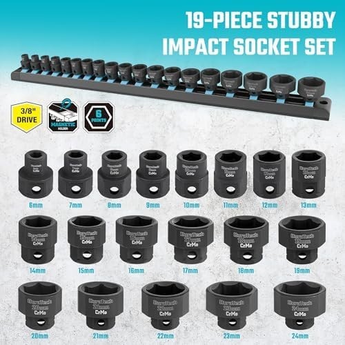 38 Drive Stubby Impact Socket Set, Low Profile Impact Sockets, 19-Piece, Metric,