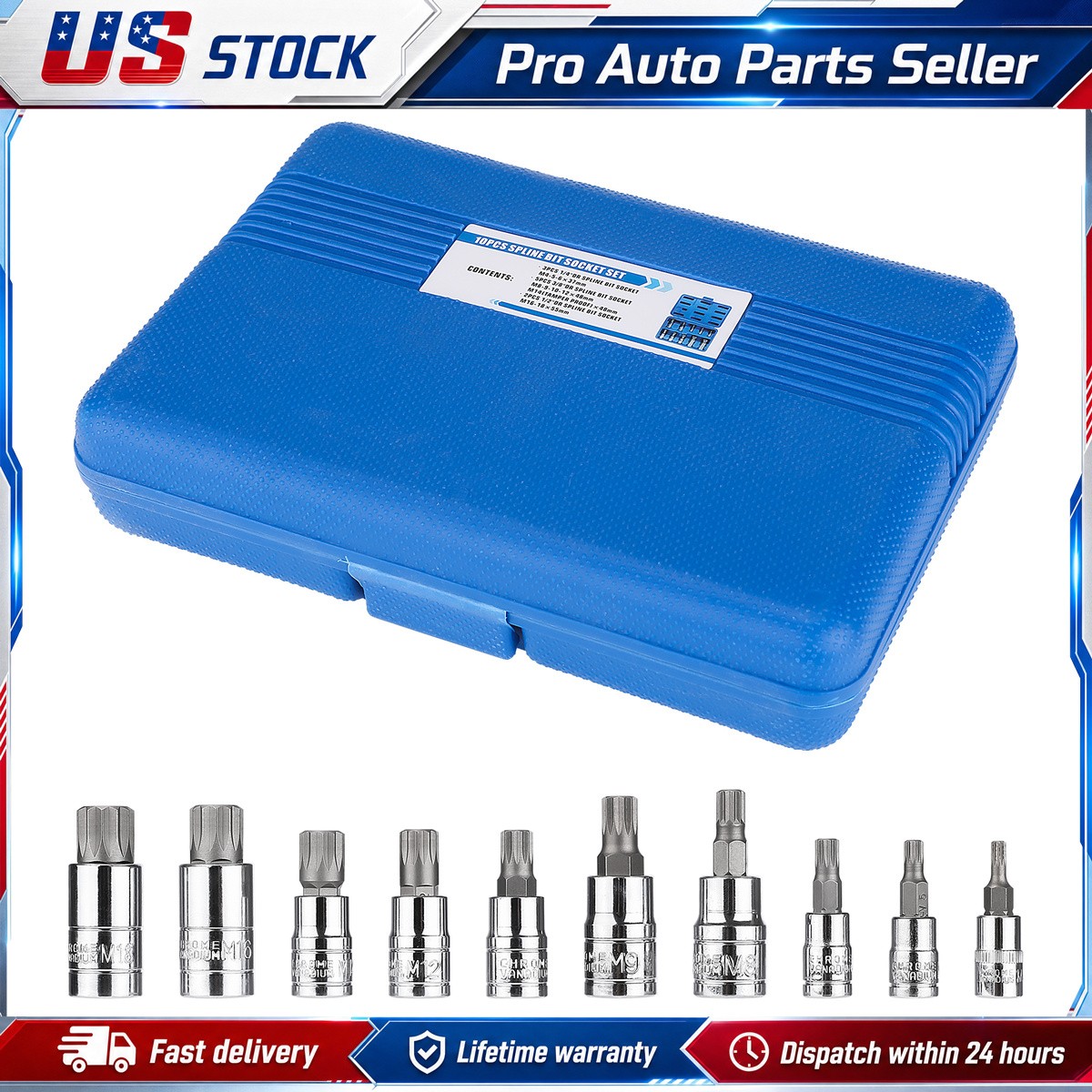 10 PC For XZN Triple Square Spline Bit Socket Set 12 Points with Carrying Case