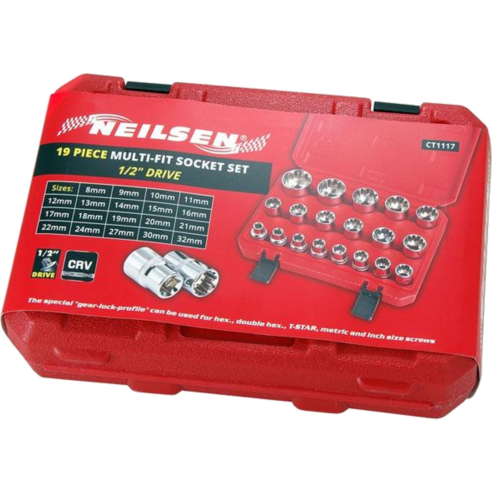 Neilsen Metric Multi Drive Sockets 8mm – 32mm Socket Set In Bmc 19pc 1/2″