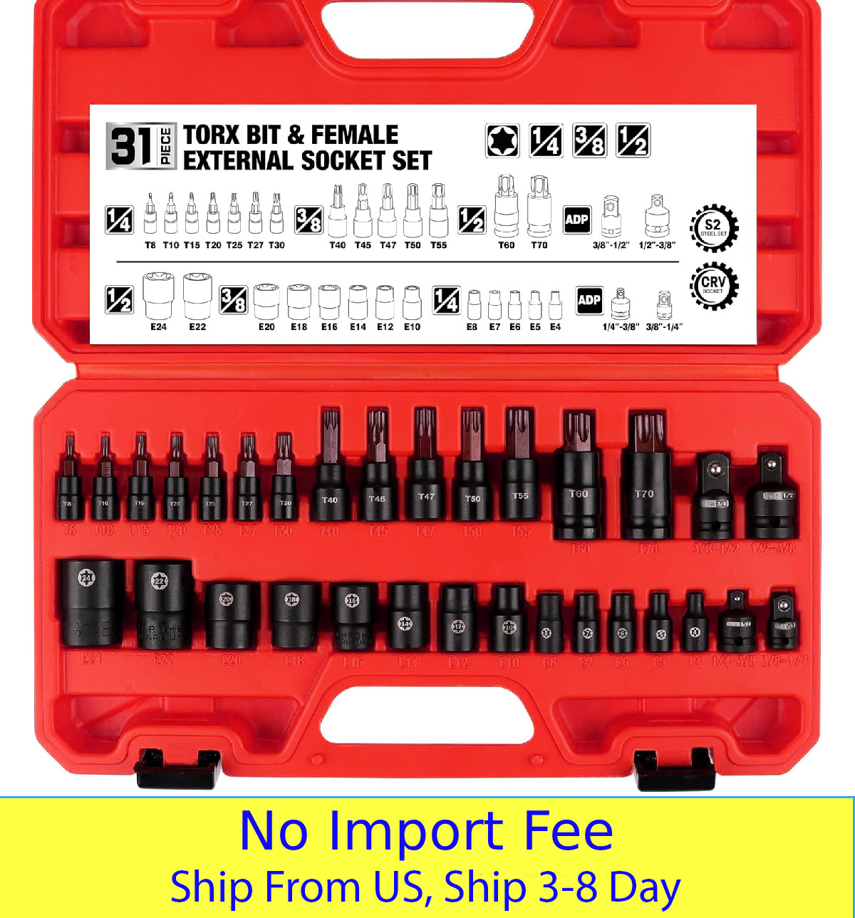 Torx Bit Socket Set 30PCS T8-T70 E4-E24 External Star Socket Kit