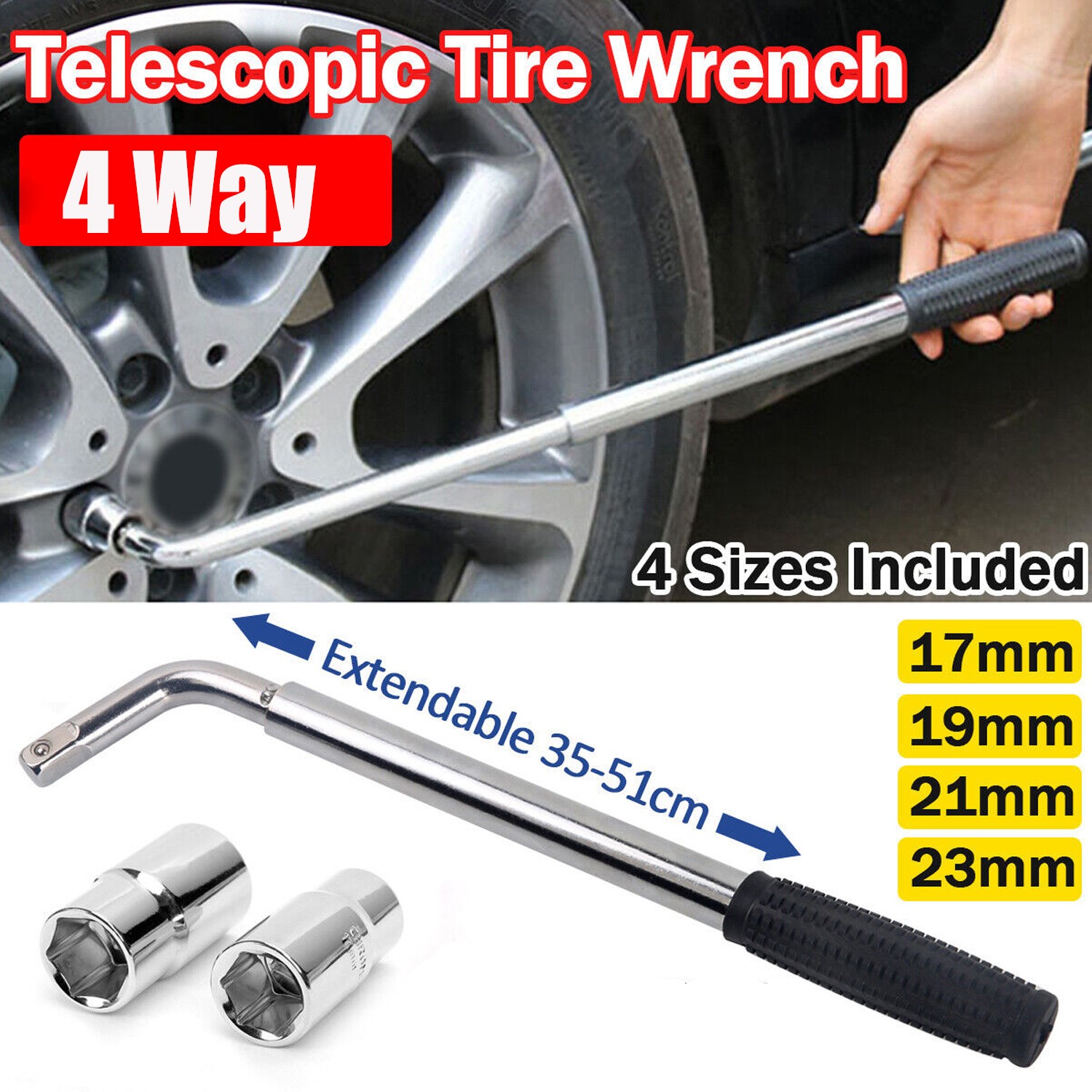Universal 17/19mm 21/23mm Telescoping Tire Lug Nut Wheel Wrench 4 Way Nut Socket