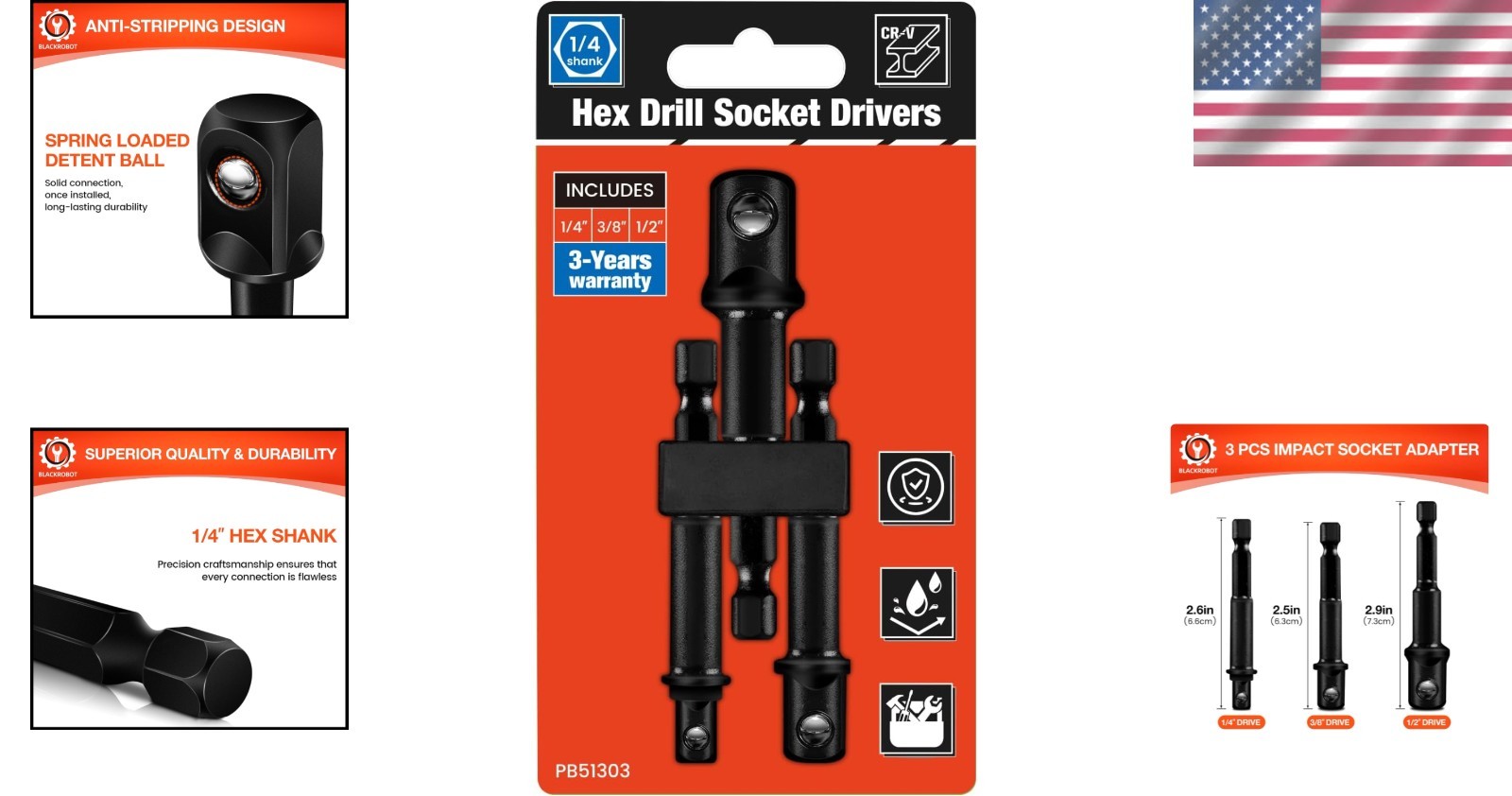 Durable Chrome Vanadium 3-Piece Socket Adapter Set – Fits 1/4″ 3/8″ 1/2″ Drives
