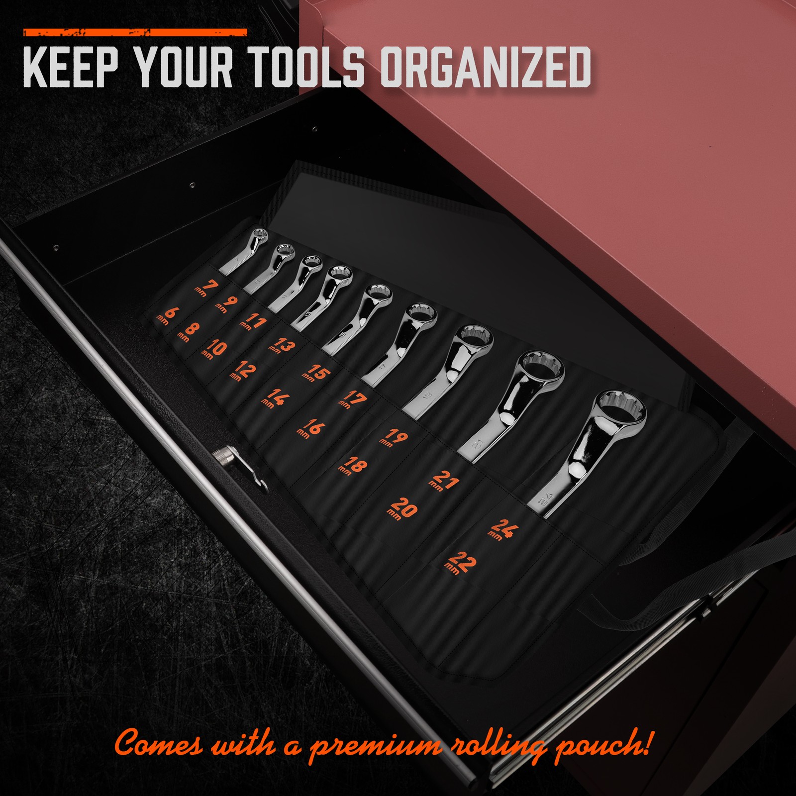 9Pcs Metric Offset Box Wrench Set with Rolling Pouch 50-Degree Metric 6-24mm