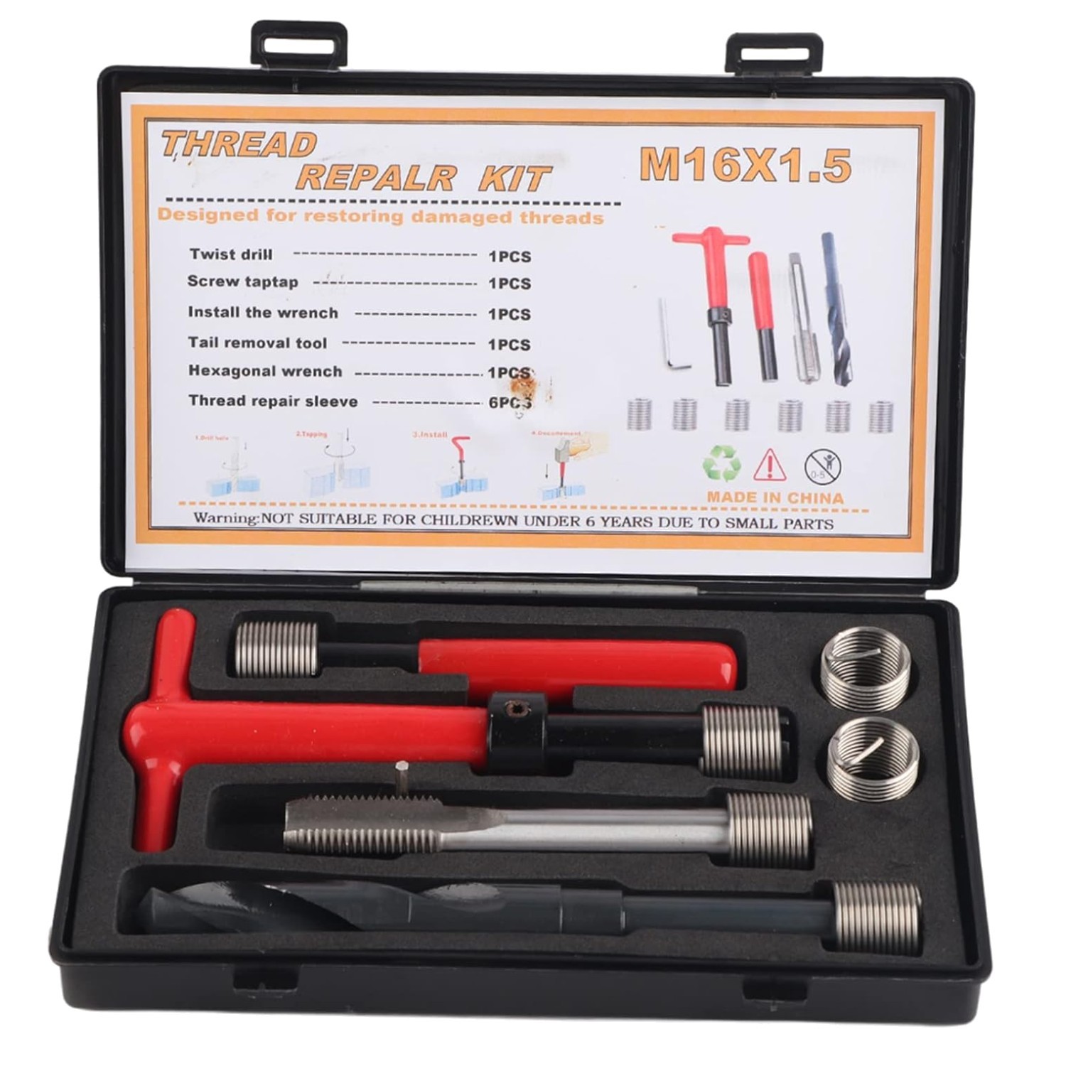 Threaded Insert Tool Set, M16x1.5, Stainless Steel, 11Pcs