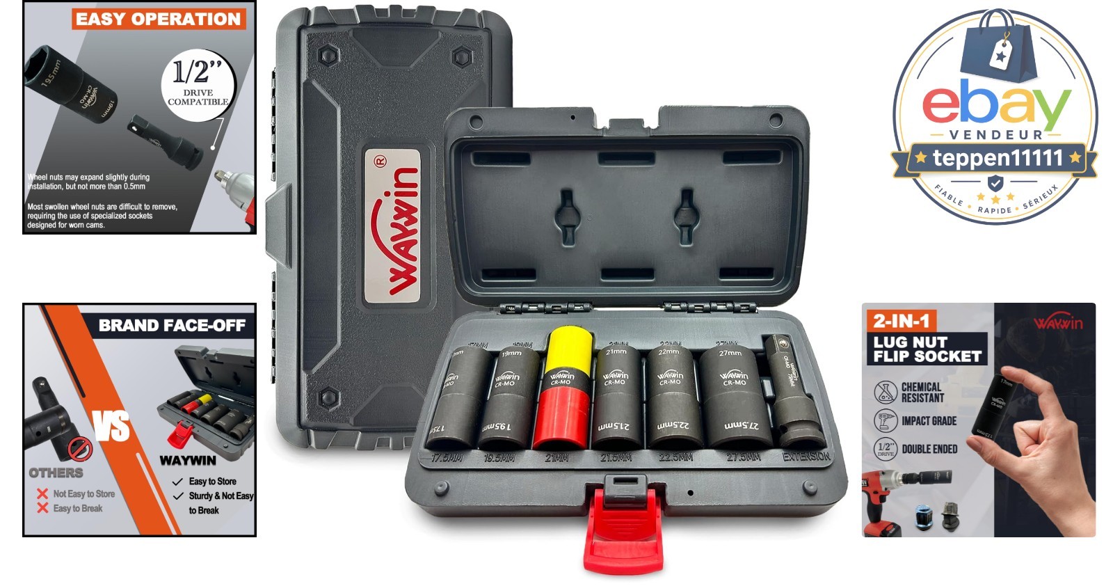 Double Ended Wheel Nut Socket Set 1/2 Inch Impact 7 Pieces 17-27.5mm
