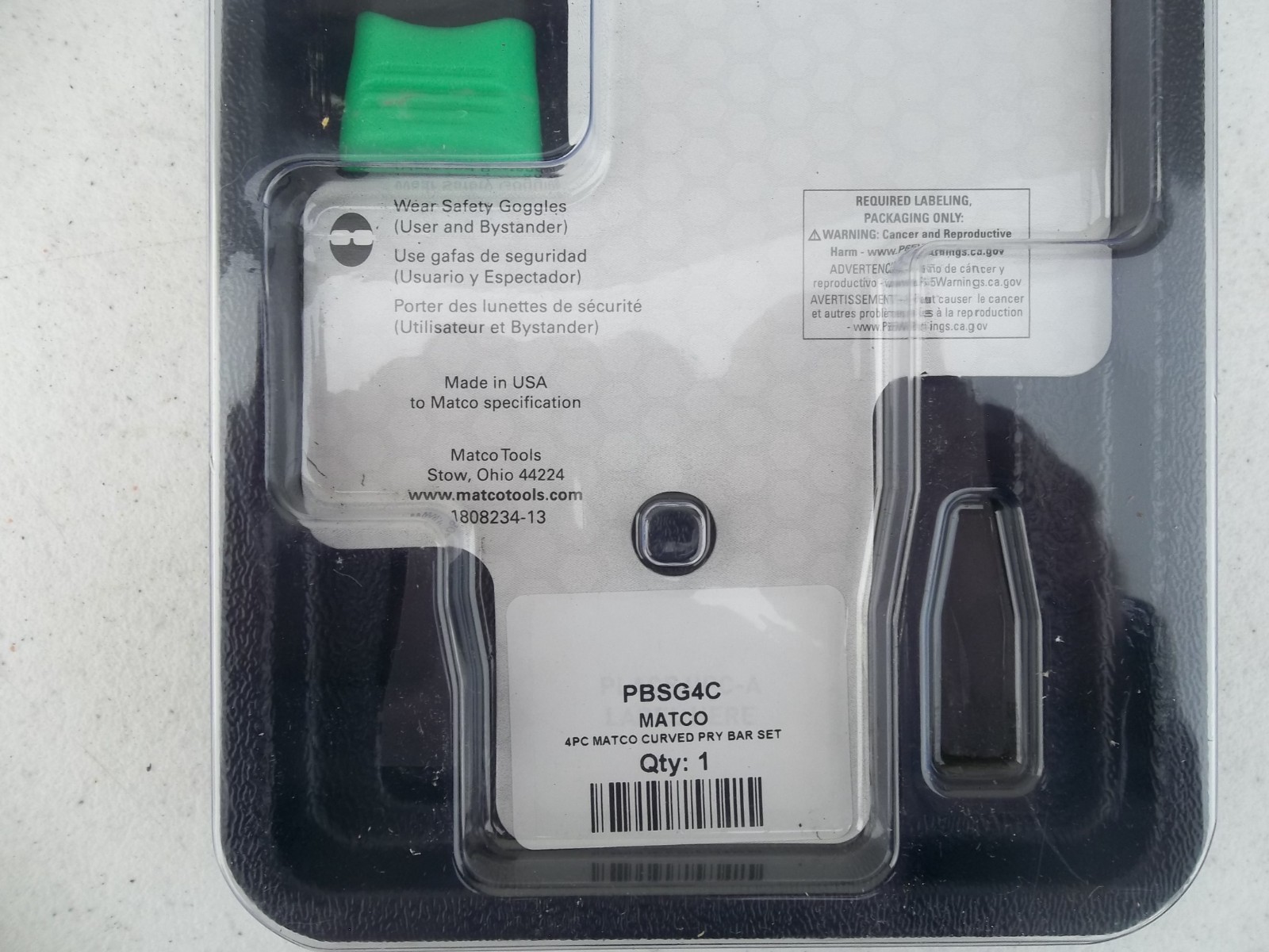 New Matco PBSG4C 4 Pc Green Curved Tip Prybar Set in Storage Tray-8»12»17»25″