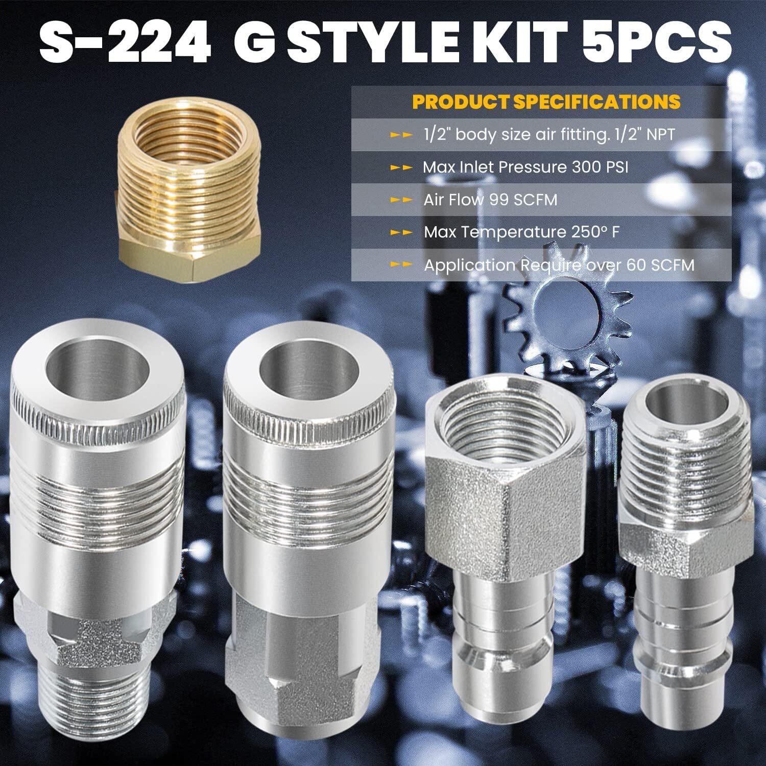 5 piece 1/2-Inch NPT G Style Coupler Plug and Air hose Reducer Bushing Kit S-224