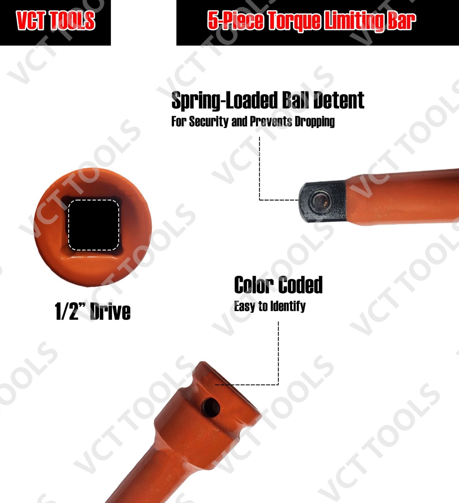 5 PC 1/2″ DR. TORQUE EXTENSION BAR STICK COLOR & LETTER