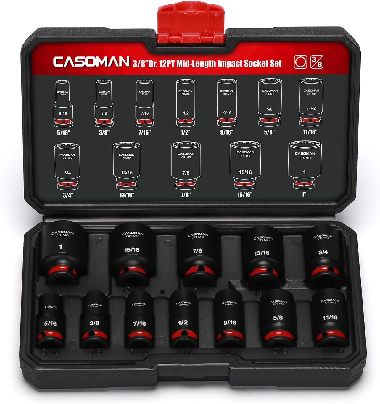 12 PCS 3/8″ Drive Mid-Length Impact Socket Set 12-Point SAE, 5/16″ to 1″ CR-MO