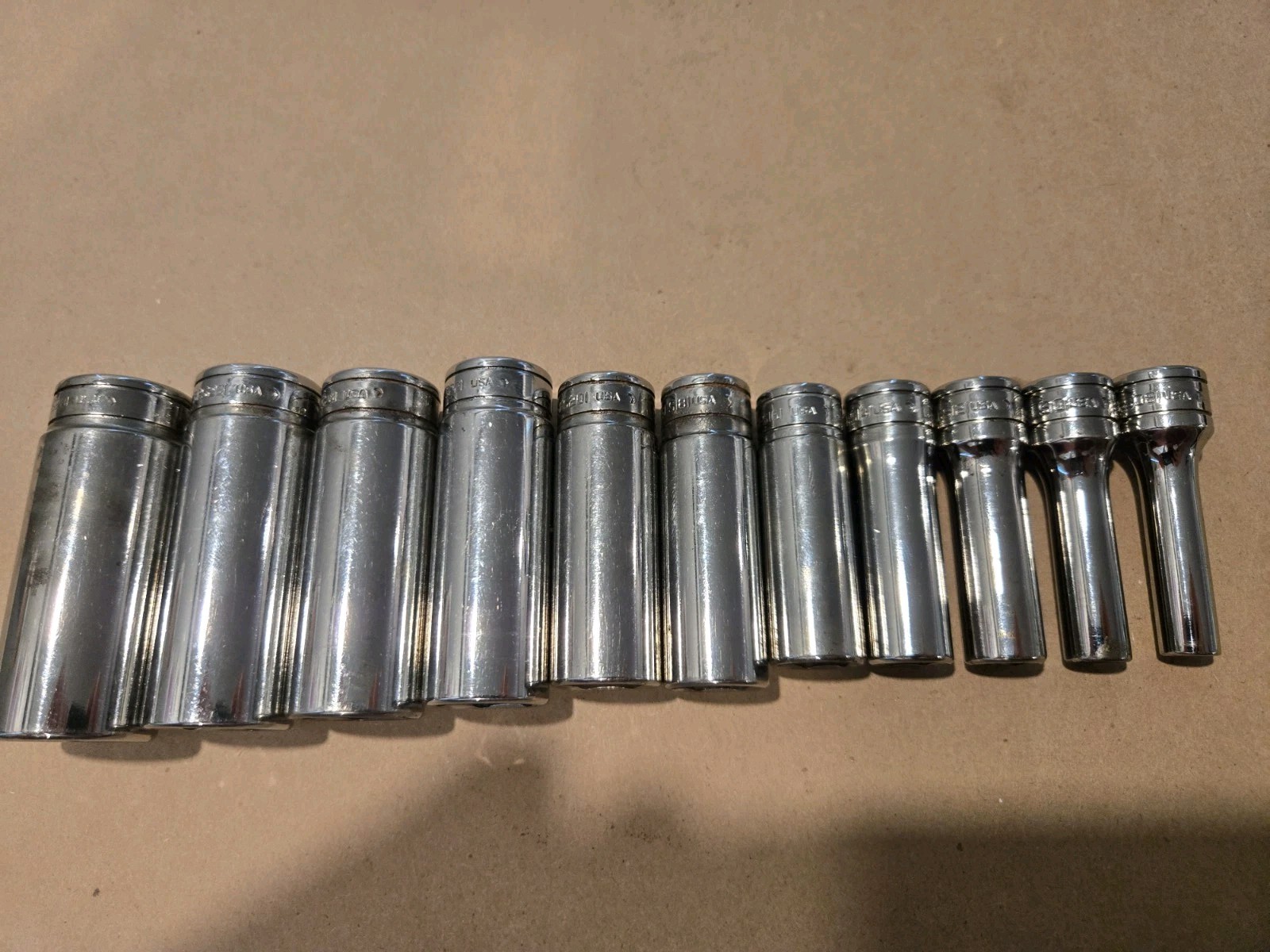 Snap On 3/8″ Drive 1/4″-7/8″ 6PT SAE Deep Chrome Sockets USA With Rack Lot Of 11