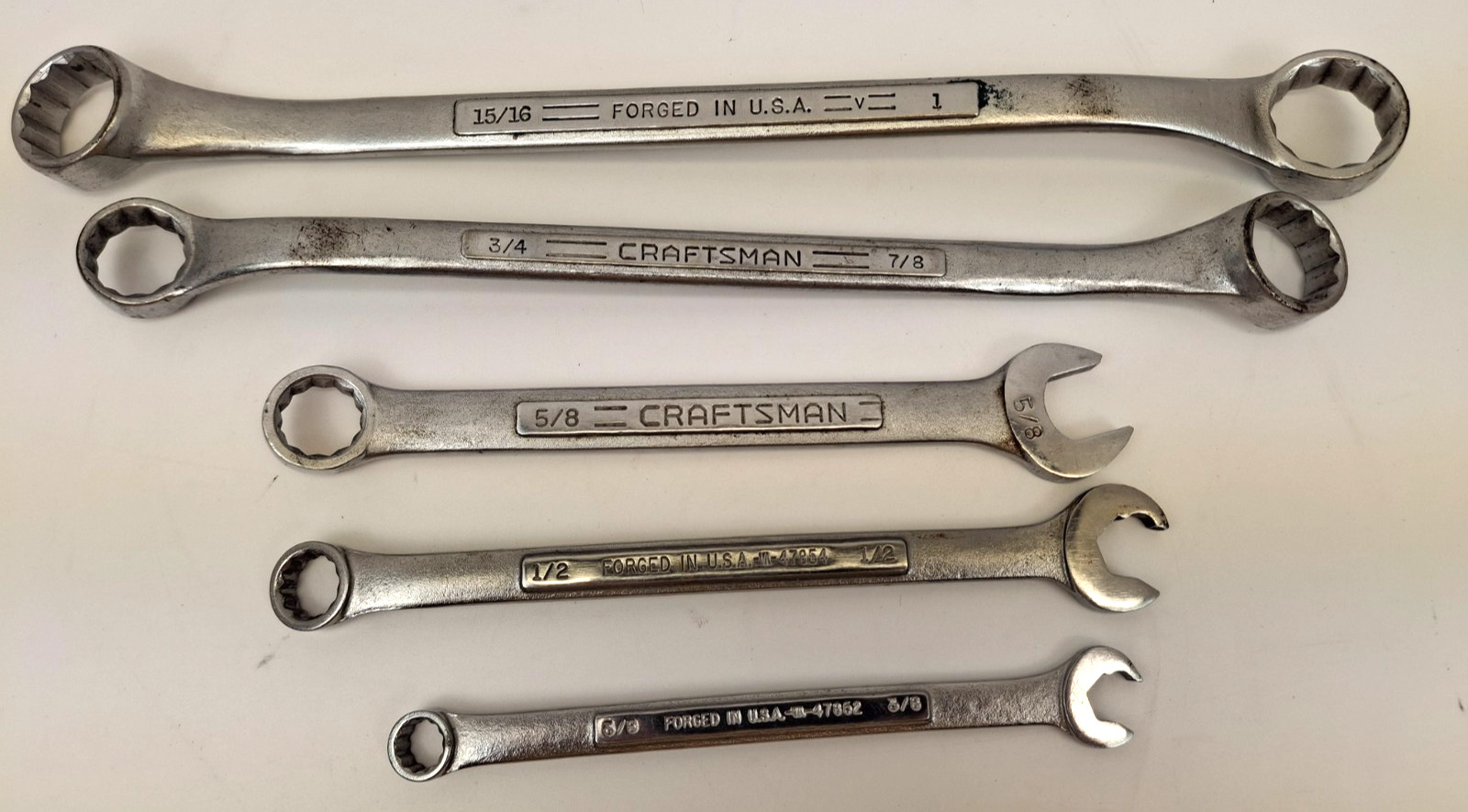 Lot of 5 Craftsman 12pt Double Box End and Combination SAE Wrenches Made In USA