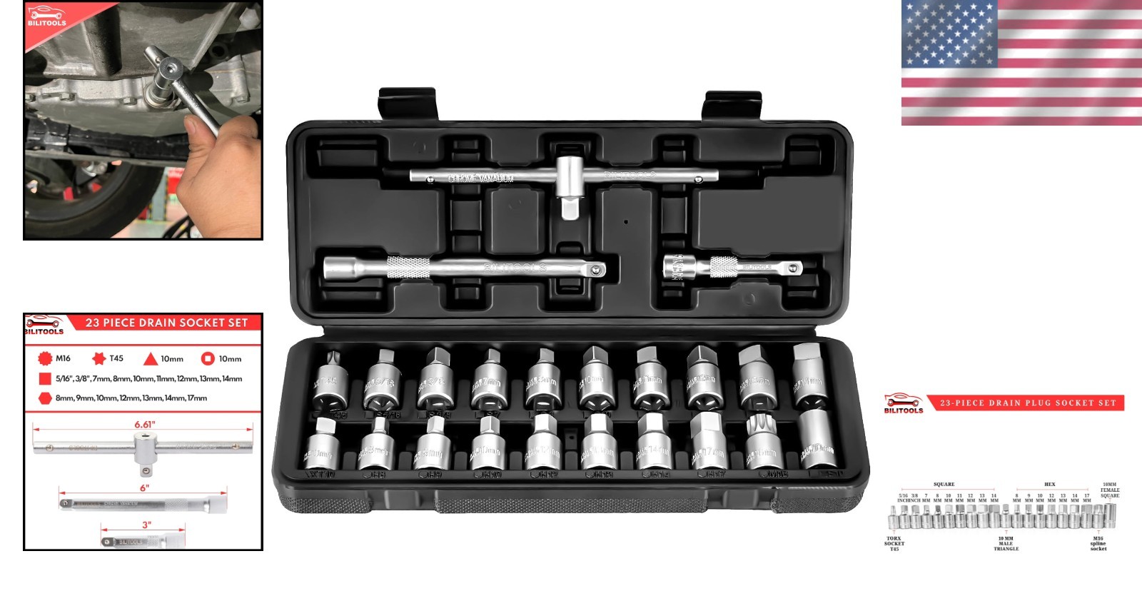 23-Piece Drain Plug Socket Set – 3/8″ Drive for Engine & Gearbox Maintenance