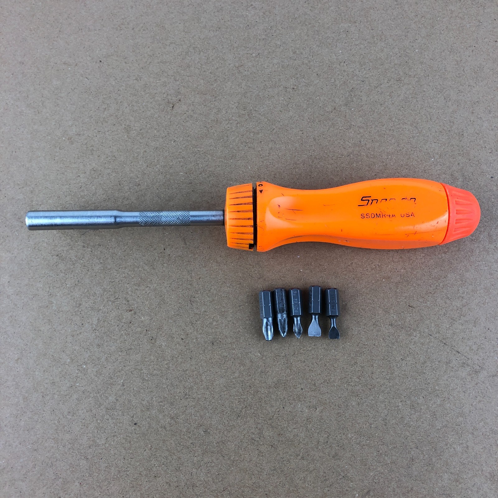 Snap-On Ratcheting Screwdriver with Bits SSDMR4A Vintage Orange Made in USA