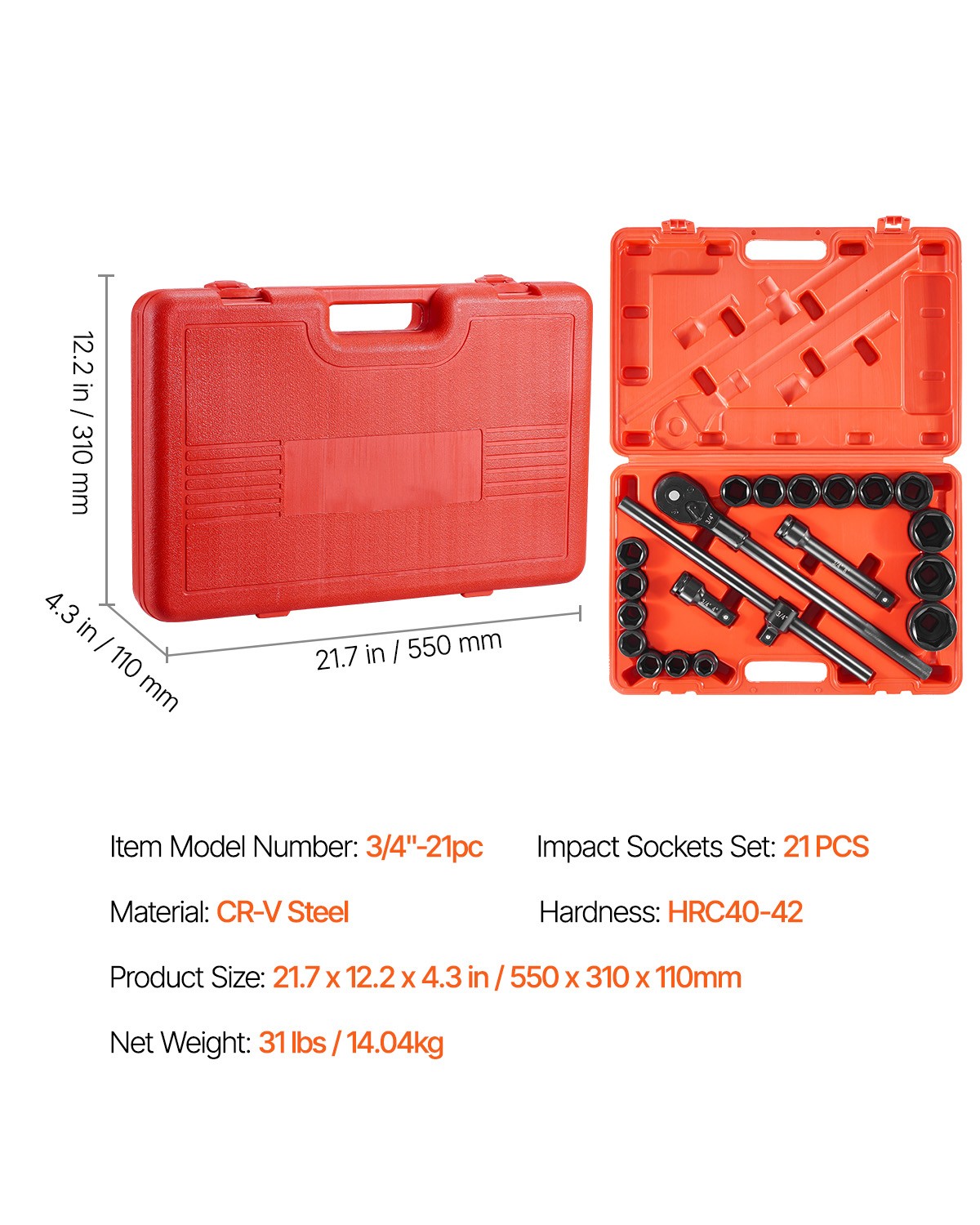 Uimoso 21-Piece SAE Impact Socket Set, Sizes 3/4 to 2 Inches