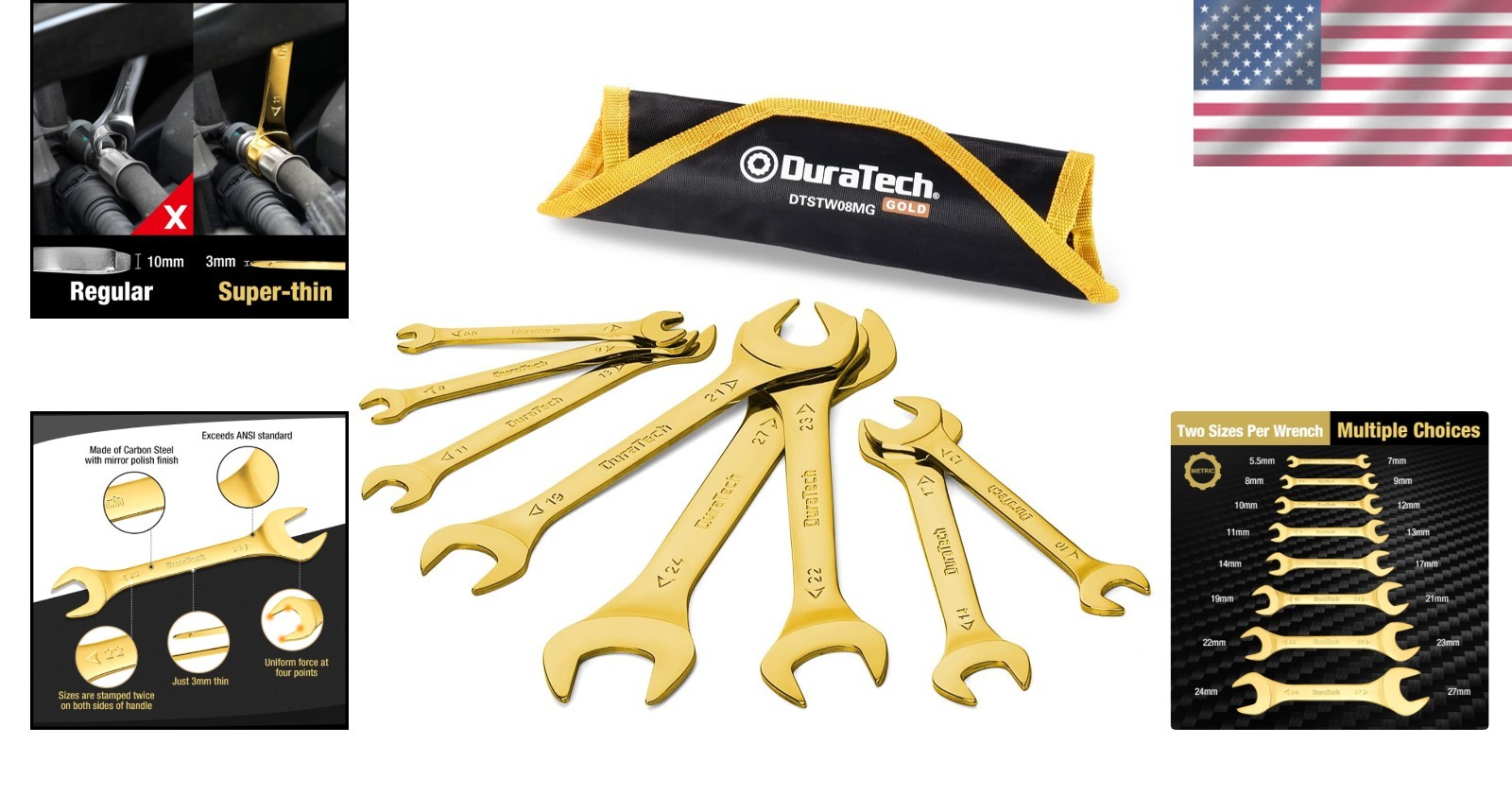 Durable Limited Edition 8-Piece Wrench Set with Rolling Pouch & Titanium Finish