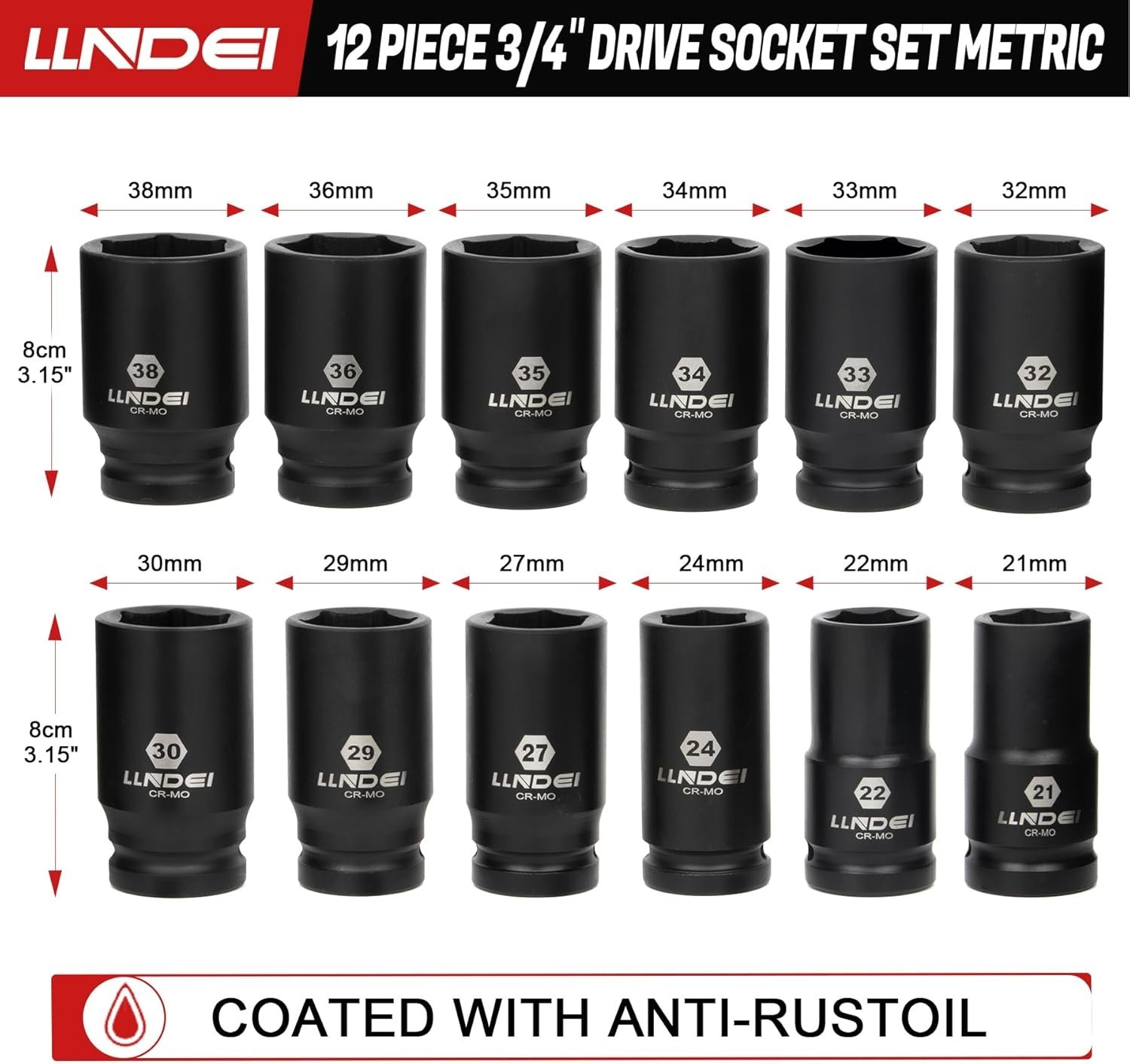 Pro 3/4 Drive Impact Socket Set 12pc Metric 21-38mm CR-MO Lifetime