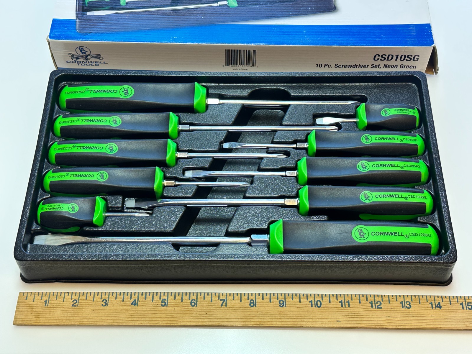 NEW Cornwell Tools CSD10SG 10pc NEON GREEN Square Grip Screwdriver Set, NOS