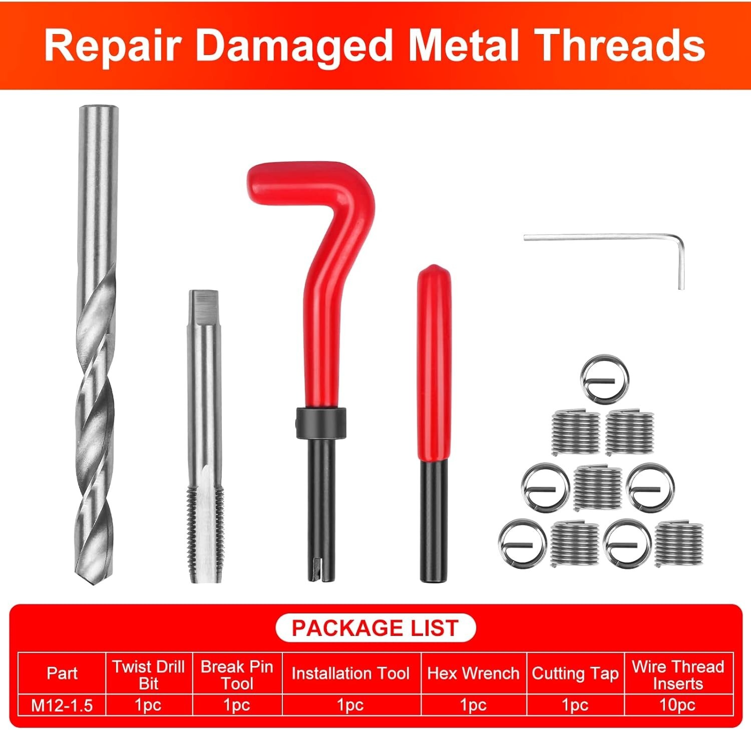 USED 15PCM12 x 1.5 Thread Repair Tool Stainless Helicoil Wire Insert Kit