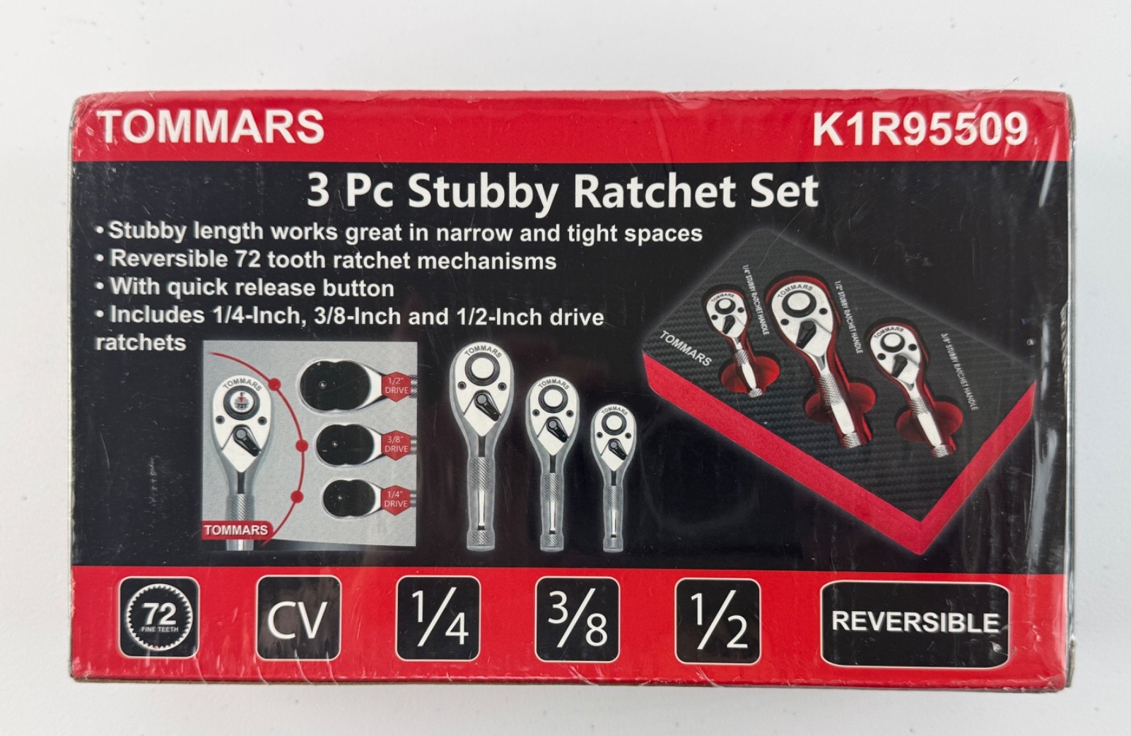 TOMMARS K1R95509 Stubby Ratchet Handle Wrench Set 3 Piece Quick-Release Head