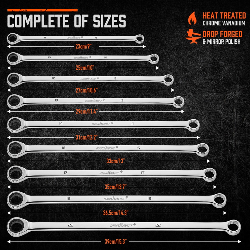 9-Piece Extra Long Ratcheting Wrench Set Double Box End with Bag Metric 8-22mm