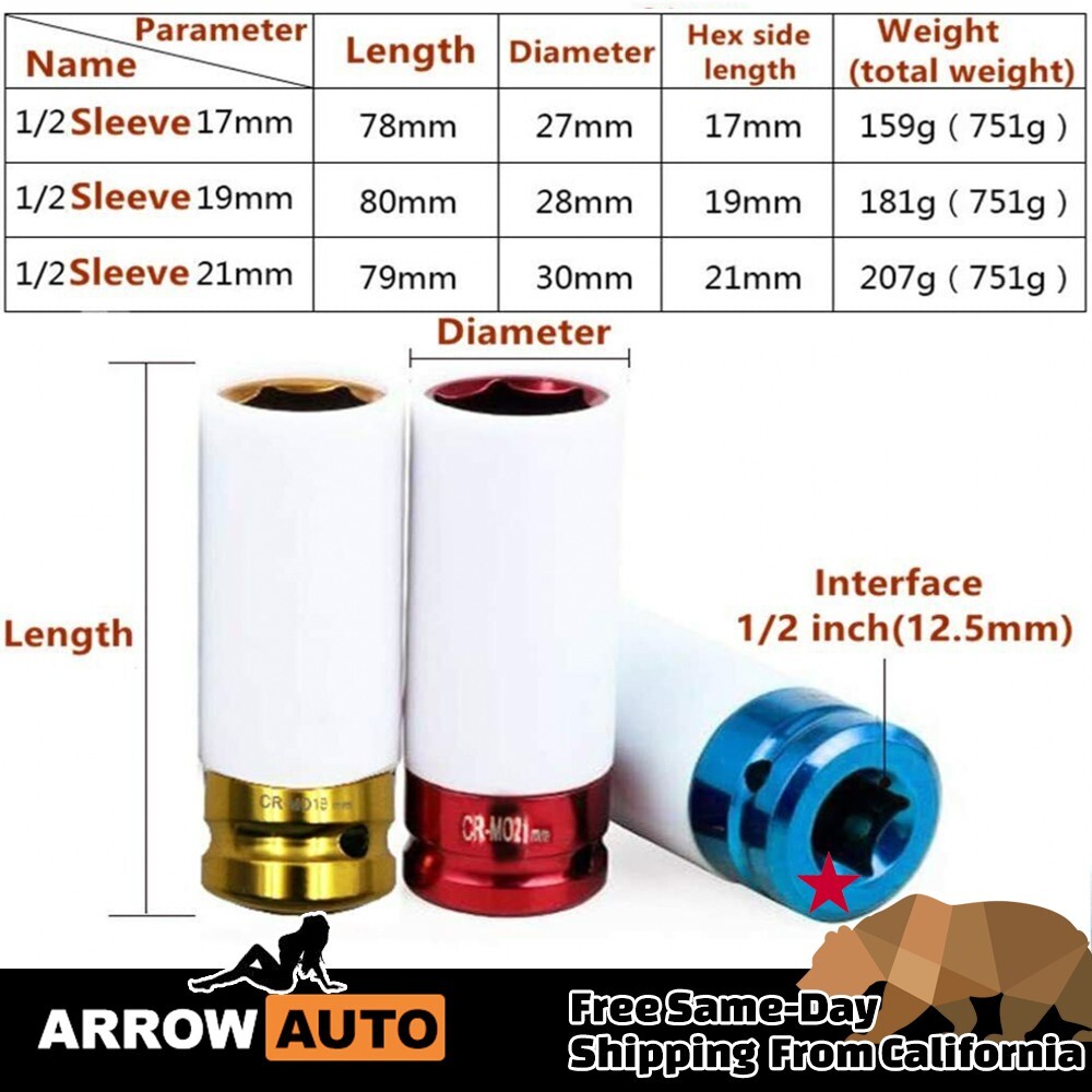 3Pc Non-Marring Impact Wheel Sockets Tool Set Deep Thin Wall 17mm 19mm 21mm