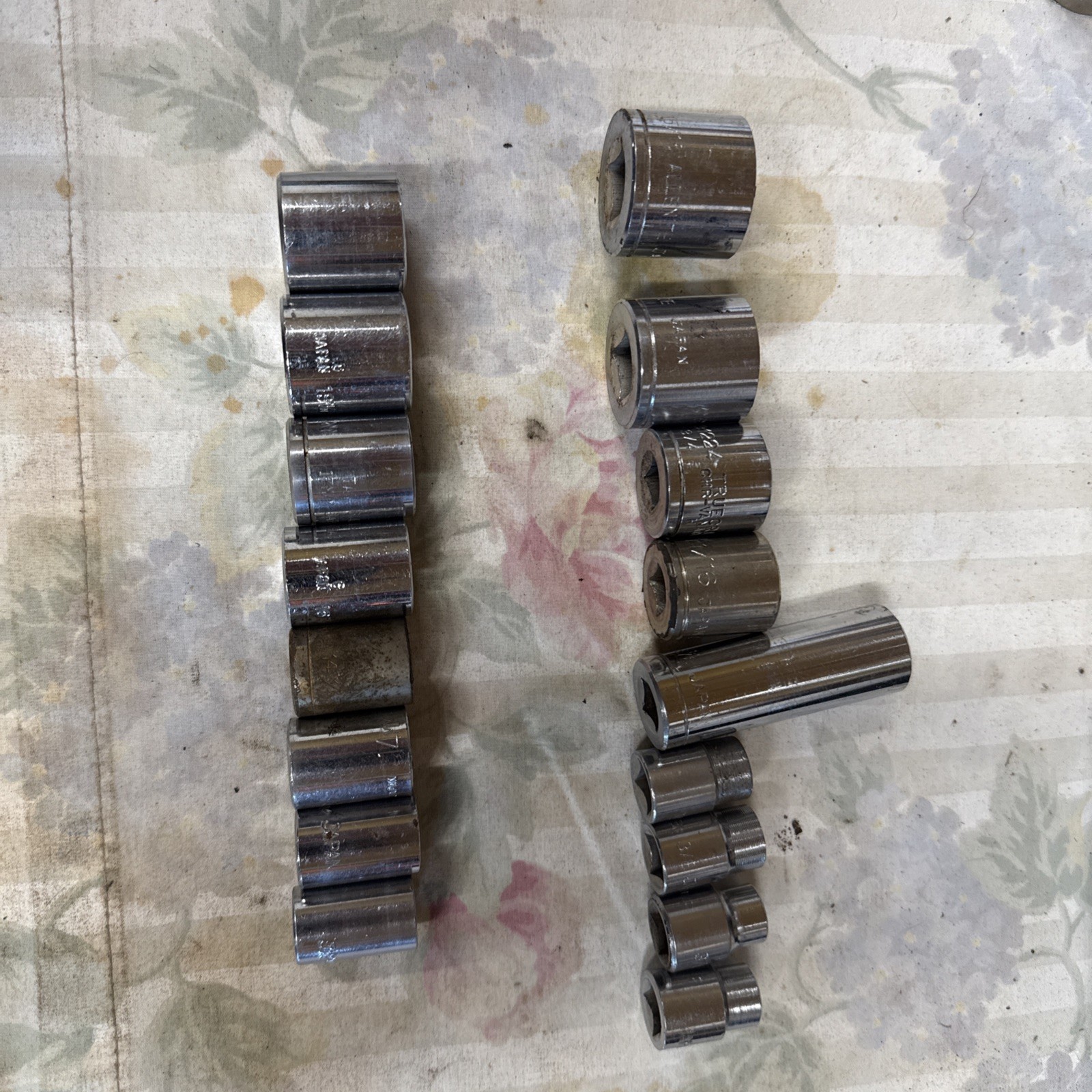 Vintage Japan 3/8” Drive, 12 Point Sockets, Sae, And Metric, 17 Total Pieces.