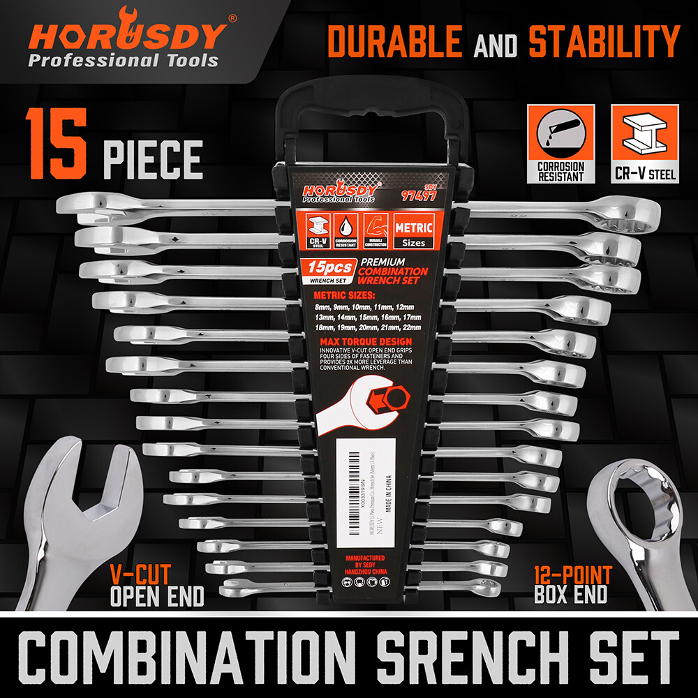 15PC Combination Spanner Wrench Ring Open Ended 8-22mm Metric 12 Point «V» Notch