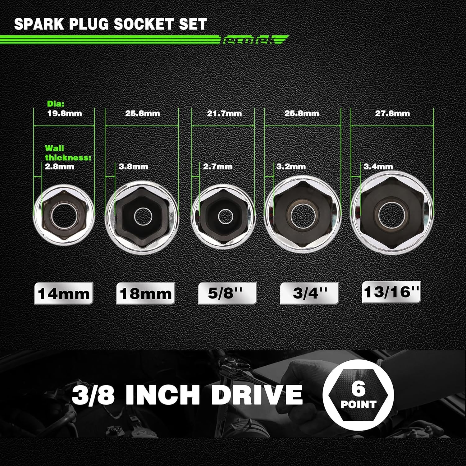 Compact and Versatile 11-Piece Spark Plug Socket Set with Easy-Identify Markings