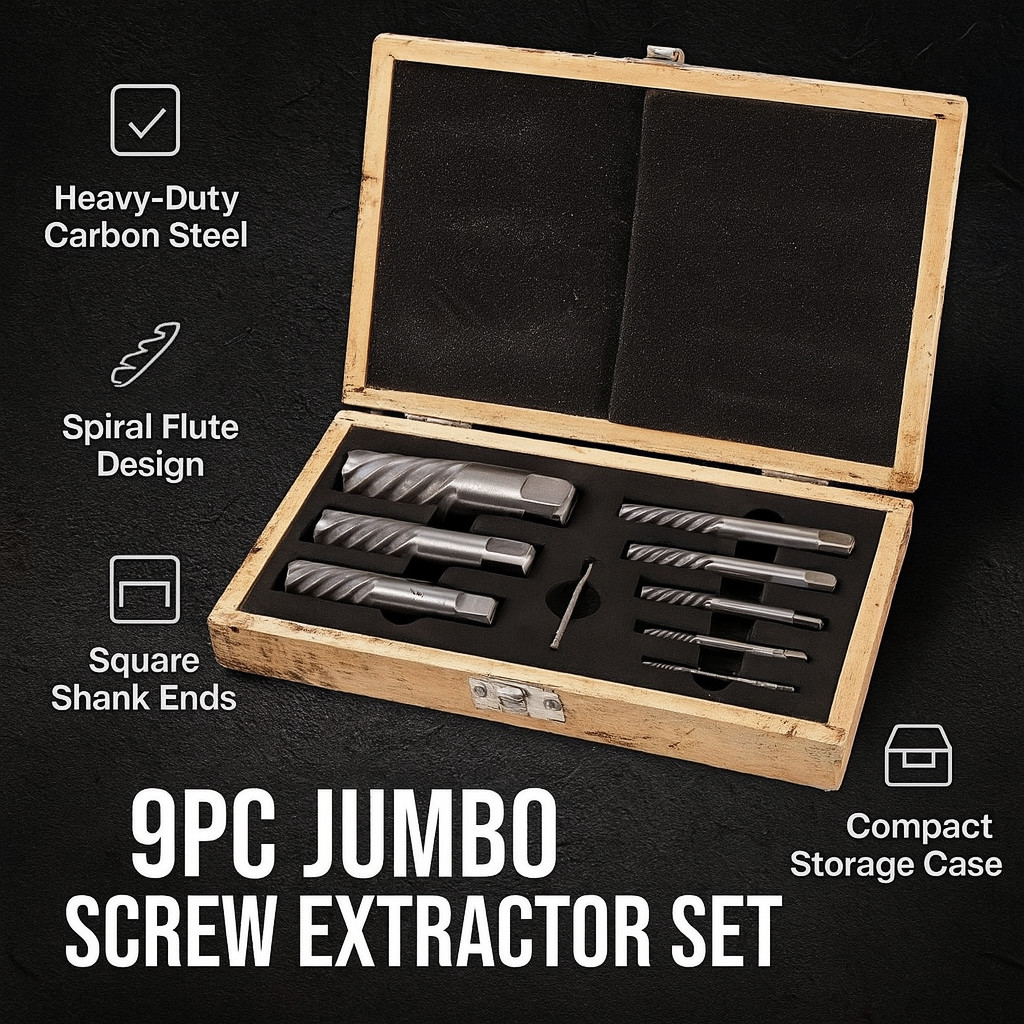 Heavy-Duty Screw Extractor Kit 9PC | Bolt Stud Pipe Remover Square Shank Manual