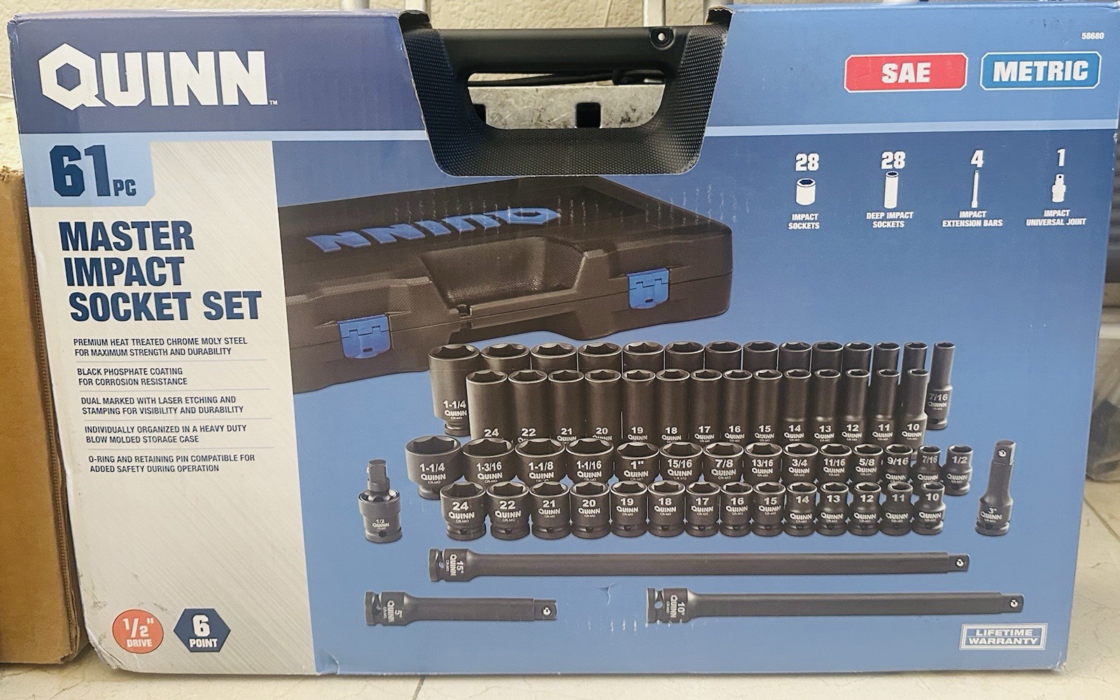 Quinn 58680 61-Piece 1/2″ Drive SAE & Metric Master Impact Socket Set With Case