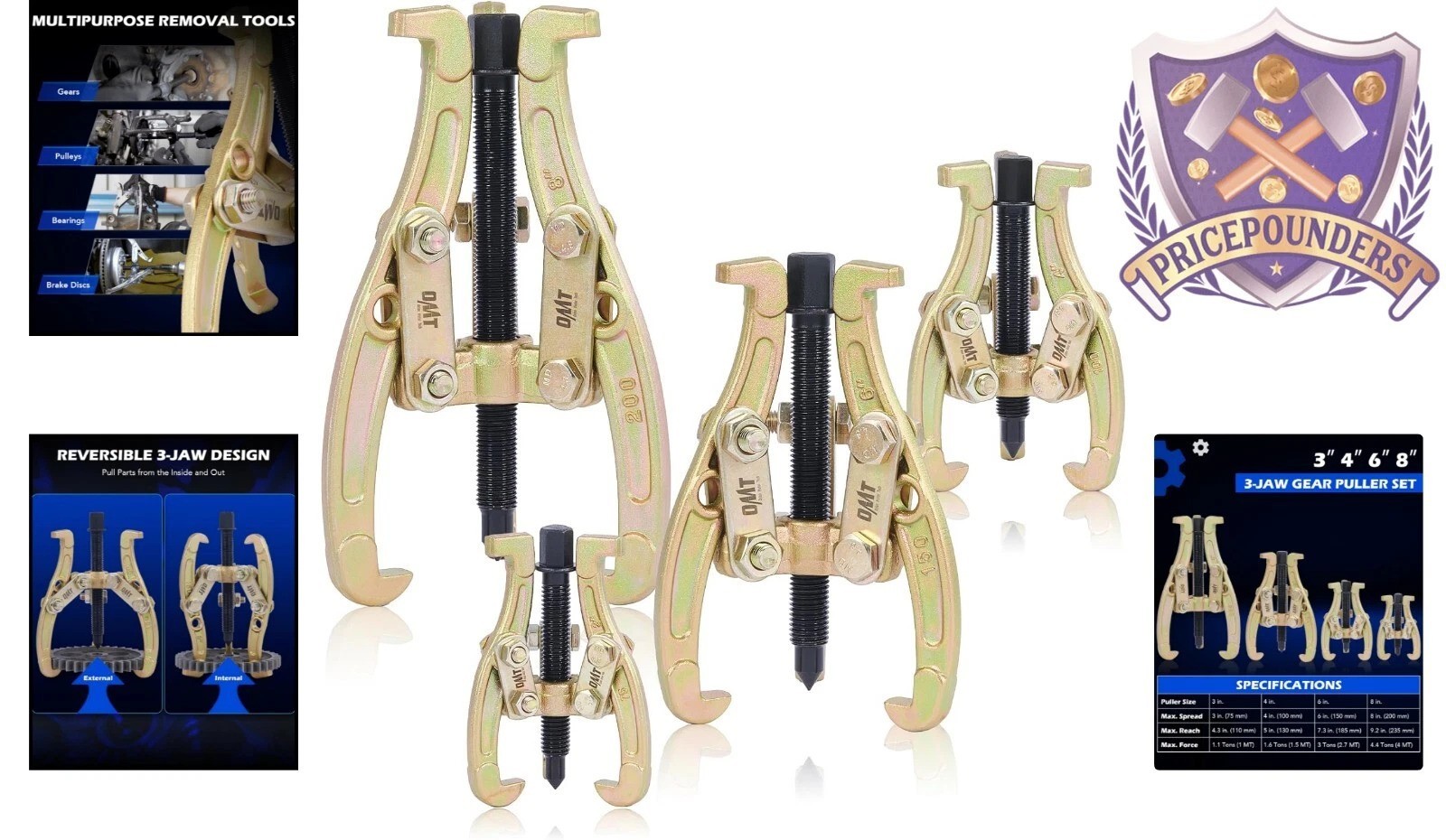 Universal 4-Pc Heavy Duty Gear Puller Set with Reversible Jaws – Compact Design