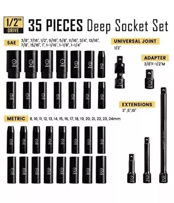 BOEN 1/2″ Drive Deep Impact Socket Set, 35 Piece Socket Set SAE 3/8″ to 1-1/4″