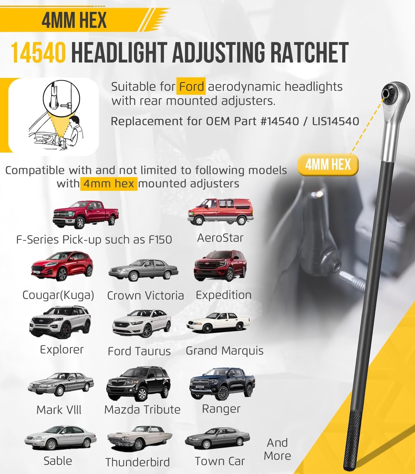 Headlight Adjusting Ratchet Wrench Tool, 4MM Hex for Ford Headlight Alignment