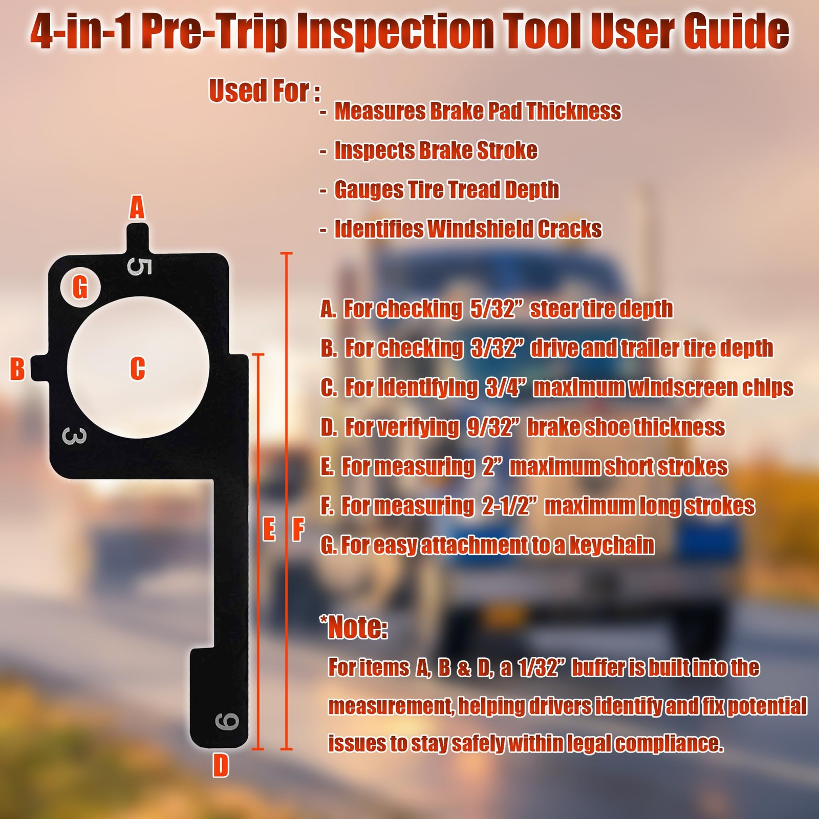 4-in-1 Truck Pre-Trip Inspection Tool for Brakes Tires & Windshield