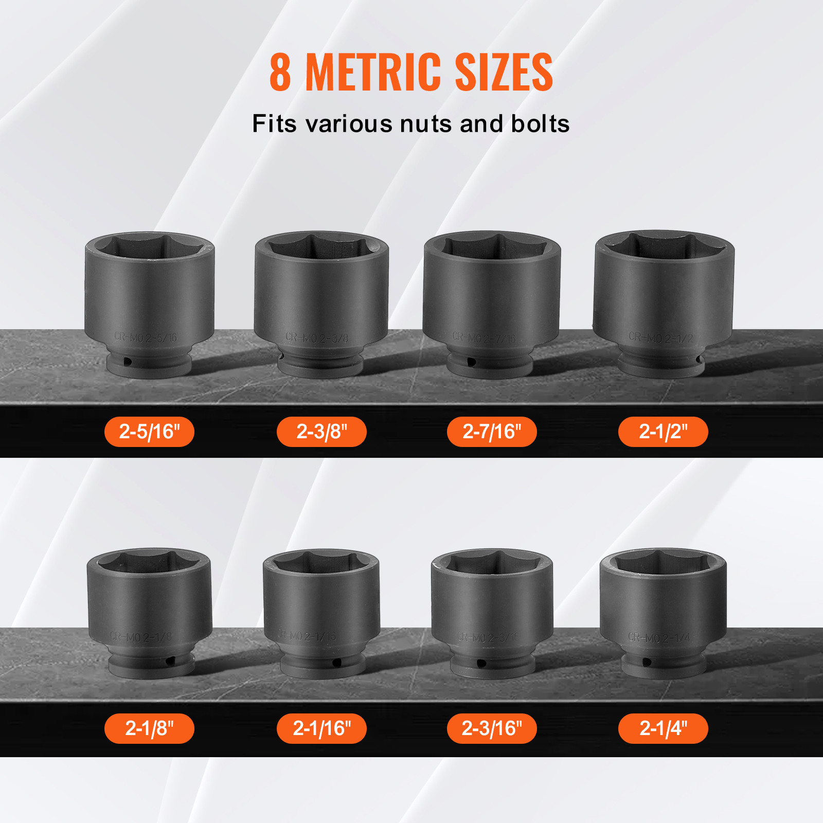 VEVOR Axle Nut Impact Socket Set 3/4″ Drive 6-Point 8PCS SAE Spindle Nut Socket