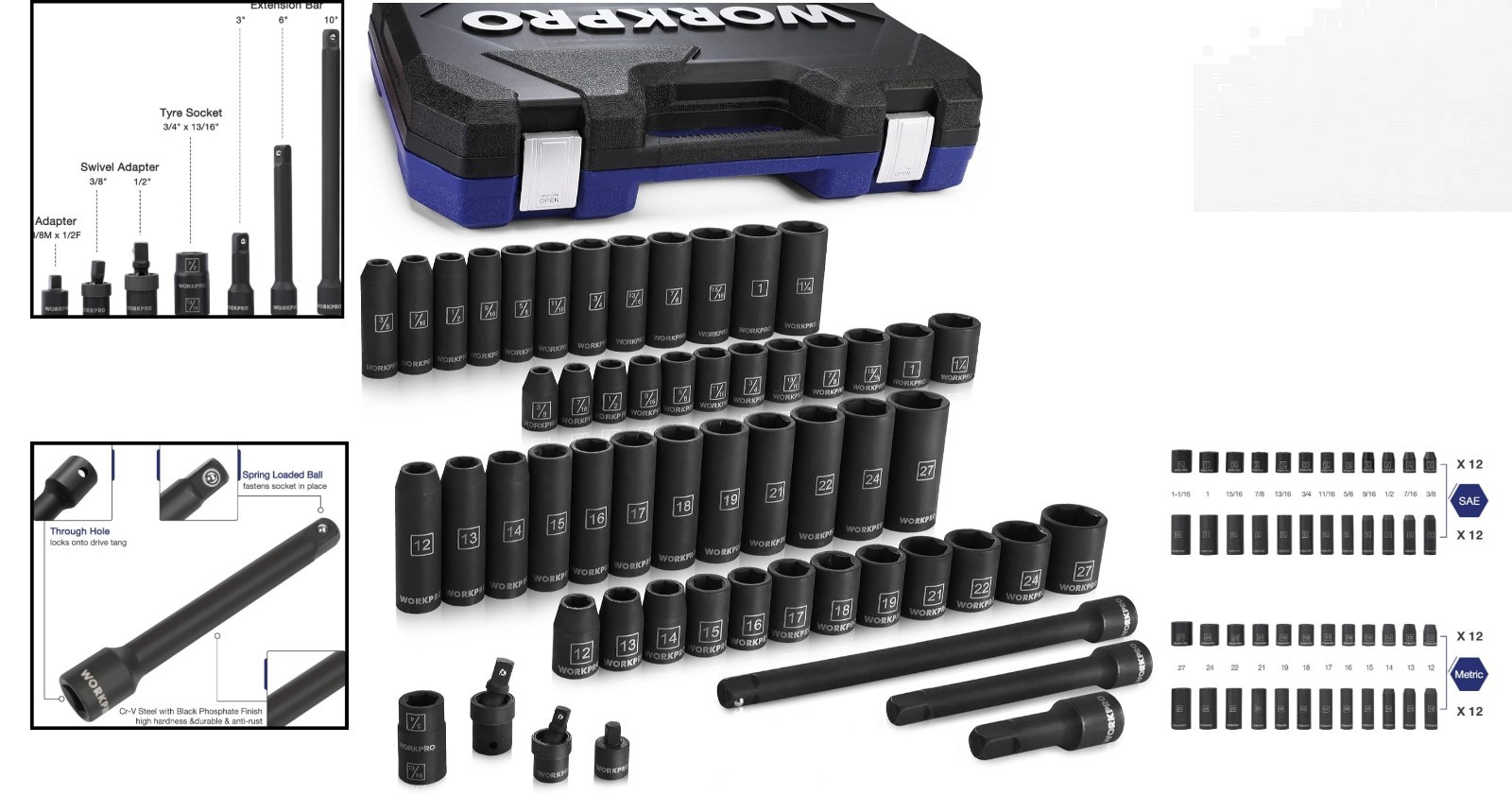 Chrome Vanadium 55-Piece Socket Set with Extension Bars & Laser Etched Markings