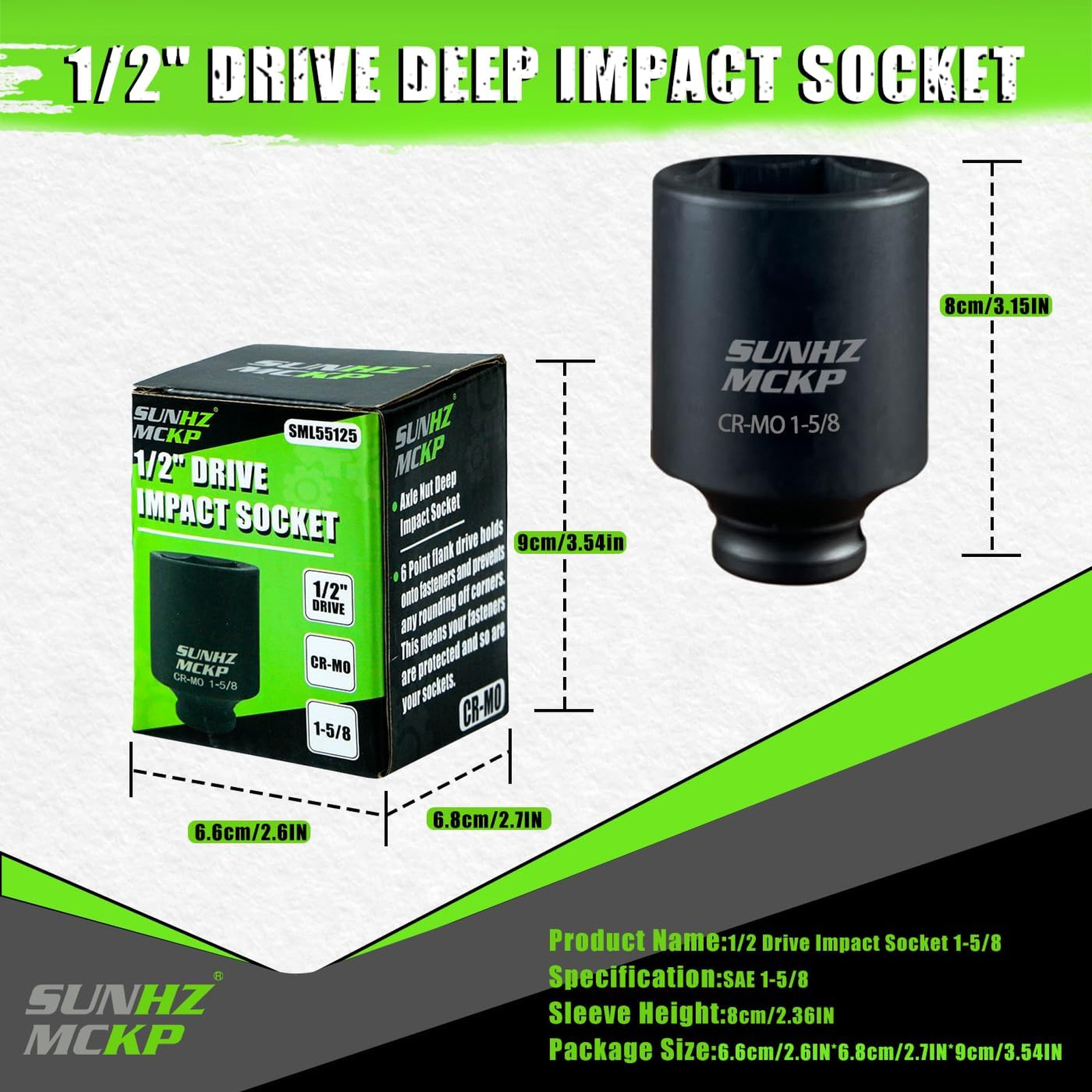 Impact Socket 12 Point Deep SAE 1 5 8 Inch Drive CR MO Axle Nut Impact Grade