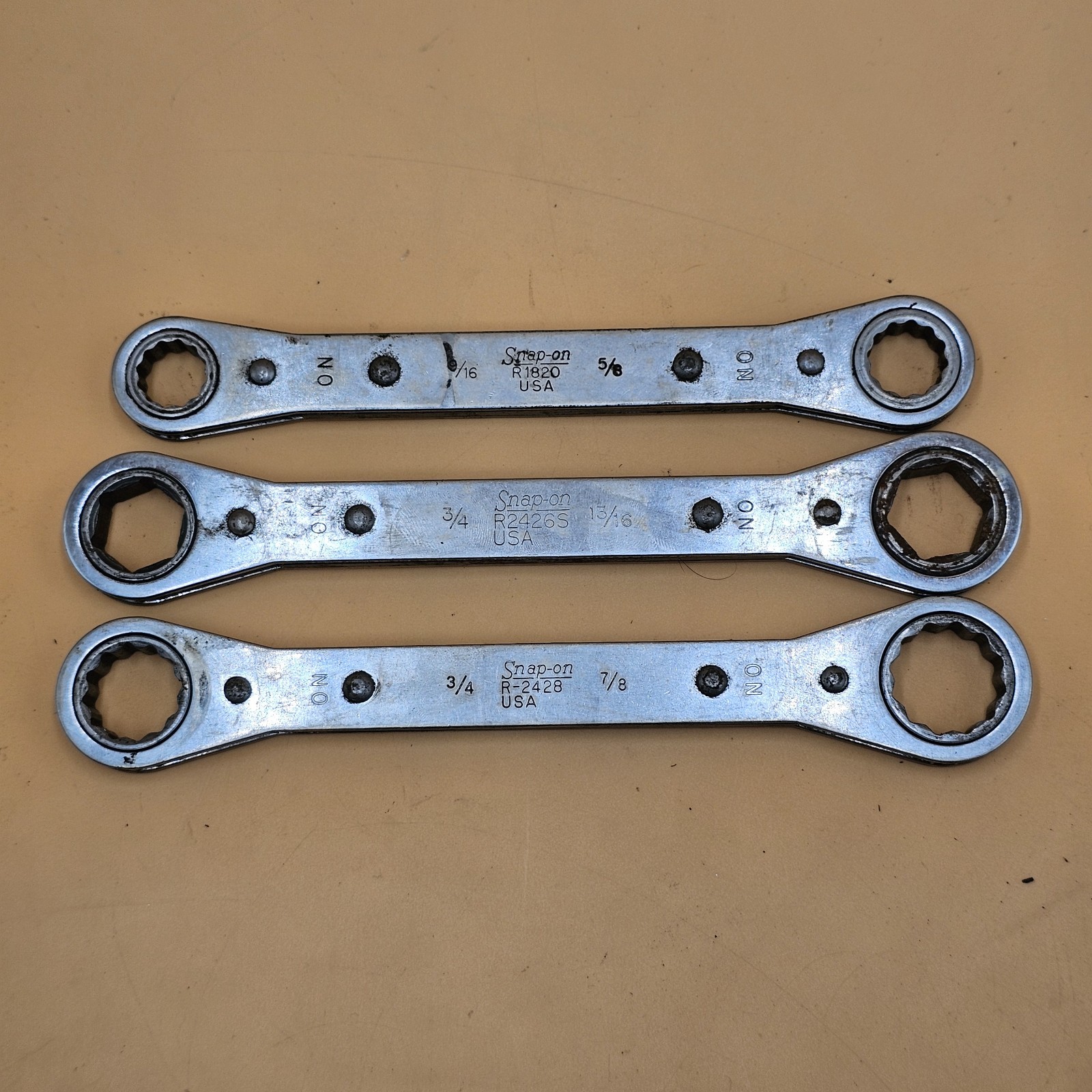 Vintage Snap On Ratcheting Wrench Set Of 3 R1820, R2426S, R-2428