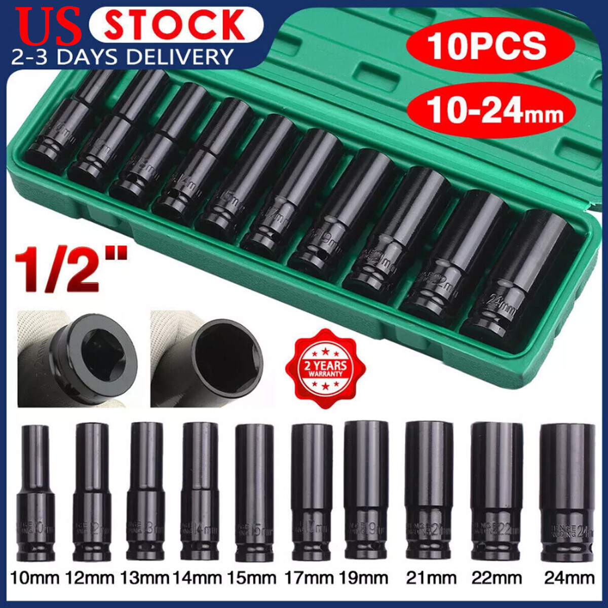 10PCS 1/2″ Deep Impact Socket Set Drive 6 Point Metric Garage Tool 10 – 24mm US