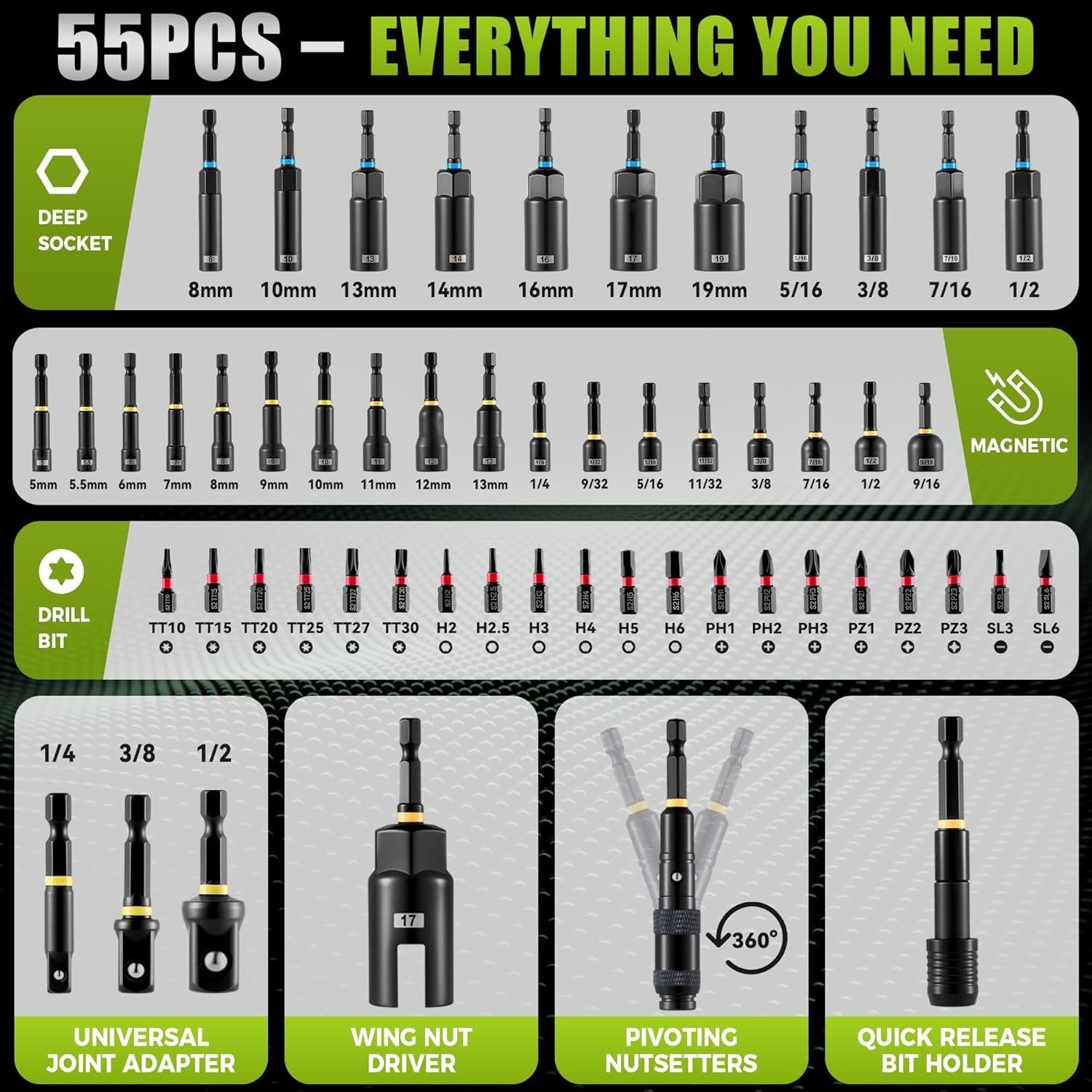 Magnetic Socket Set for Power Drill, Nut Driver Bit Set with Socket Adapters,…