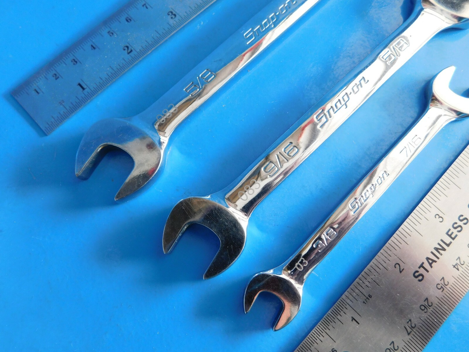 USED, SNAP ON TOOLS OPEN END WRENCH’S LOT OF (3) 3/8X7/16, 9/16X5/8, 5/8X3/4 IN