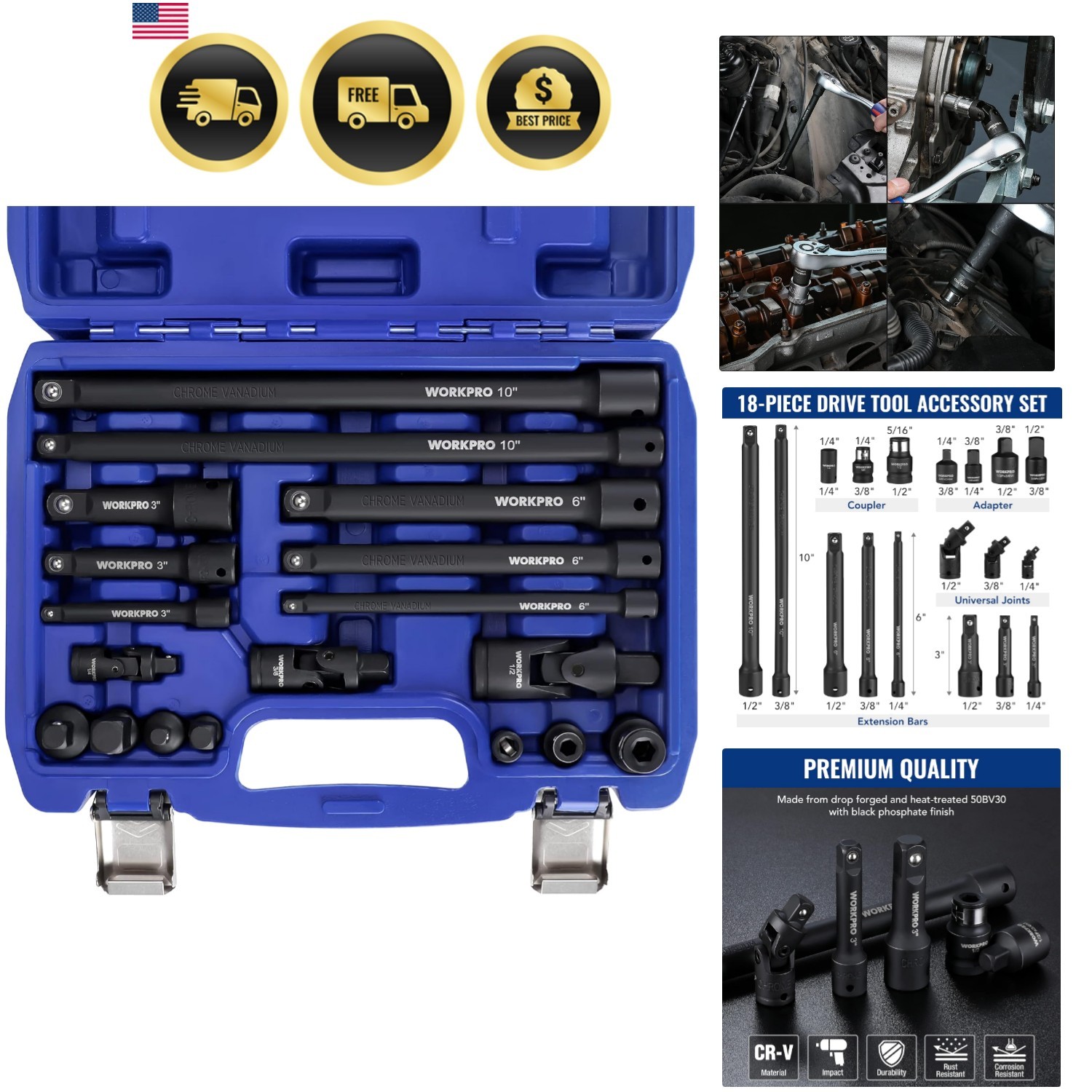 18-Piece Impact Socket Extension Set, Includes Socket Adapters, Ratchet Exten…