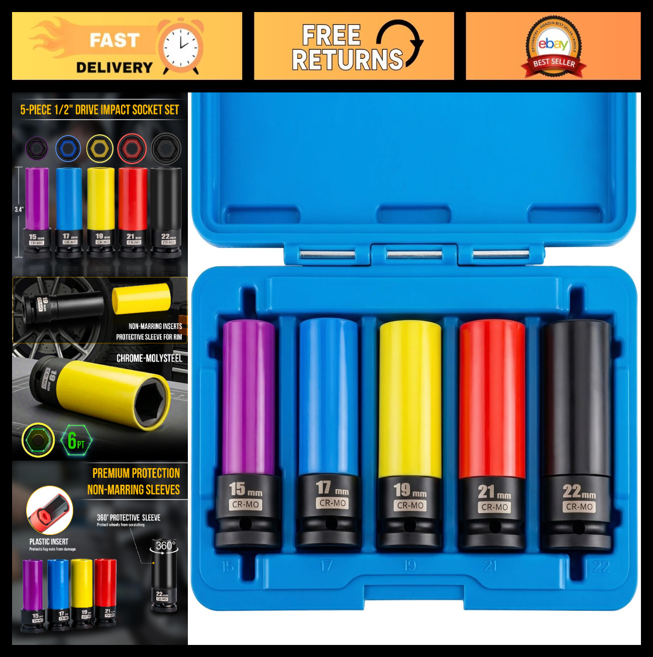 5-Piece 1/2″ Drive Impact Lug Nut Socket Set, Thin Wall, Magnetic Tip, Non-Marri